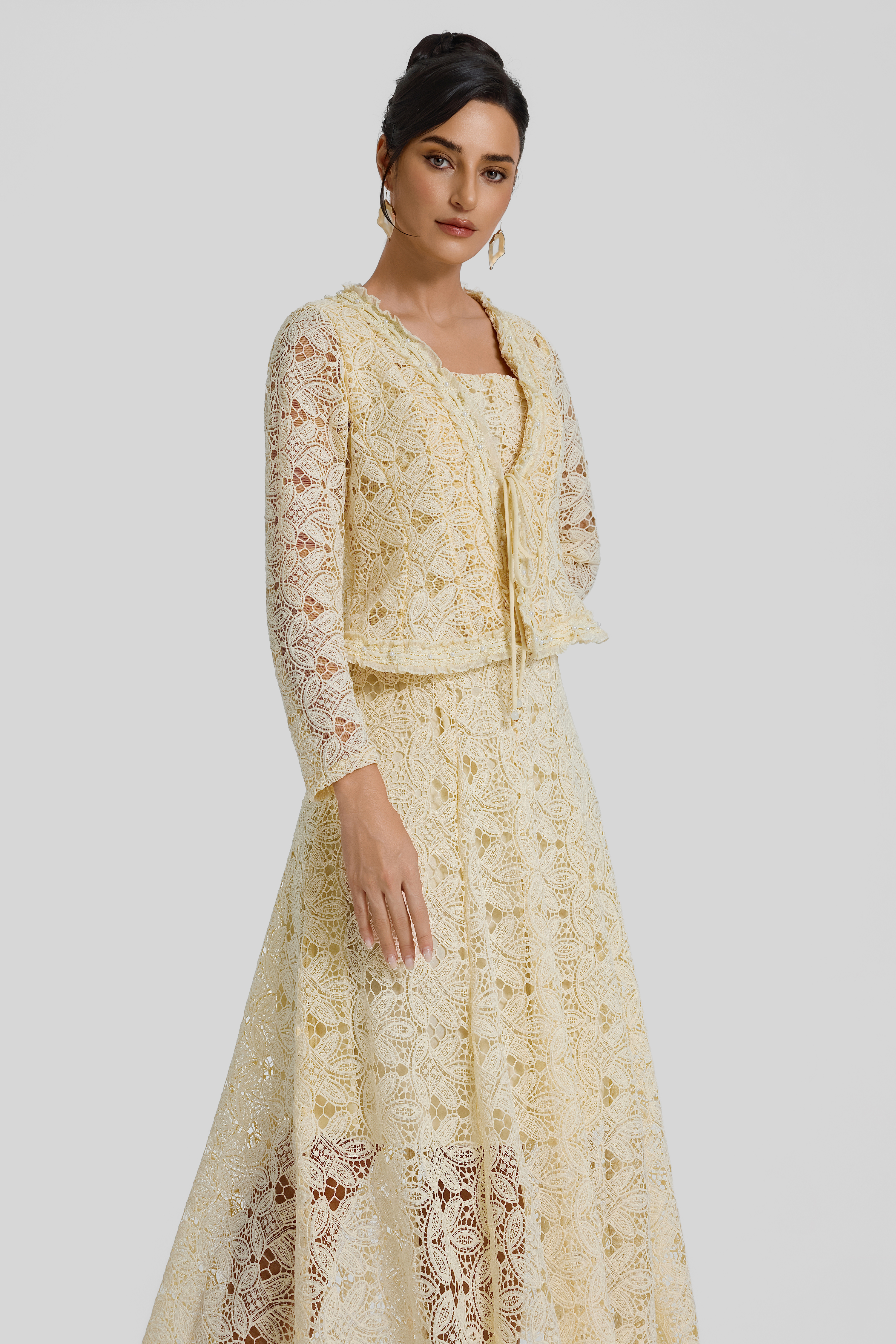 Lace Lace-Up Cardigan & Slip Midi Dress Set