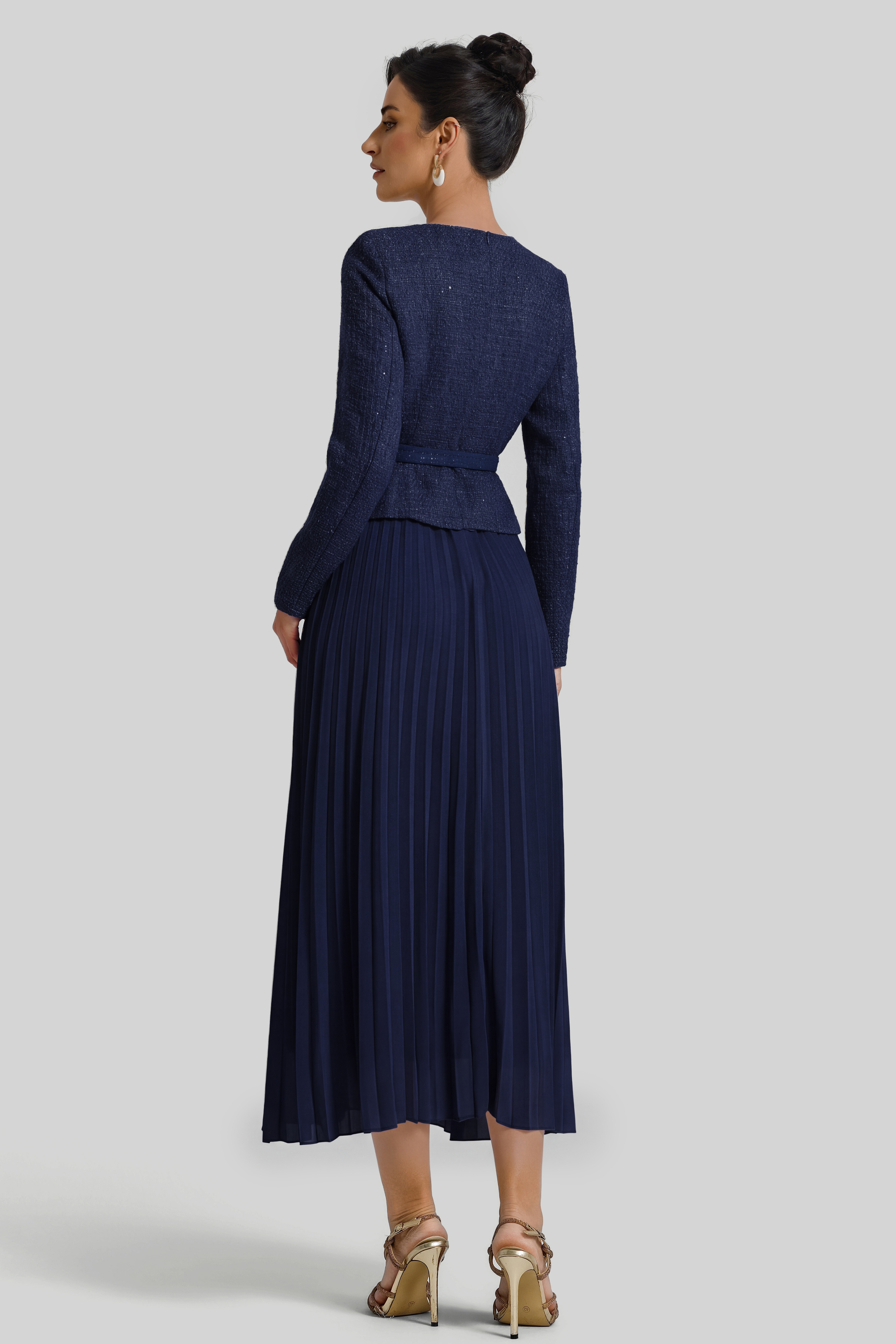 Sequin Pleated Midi Dress With Belt
