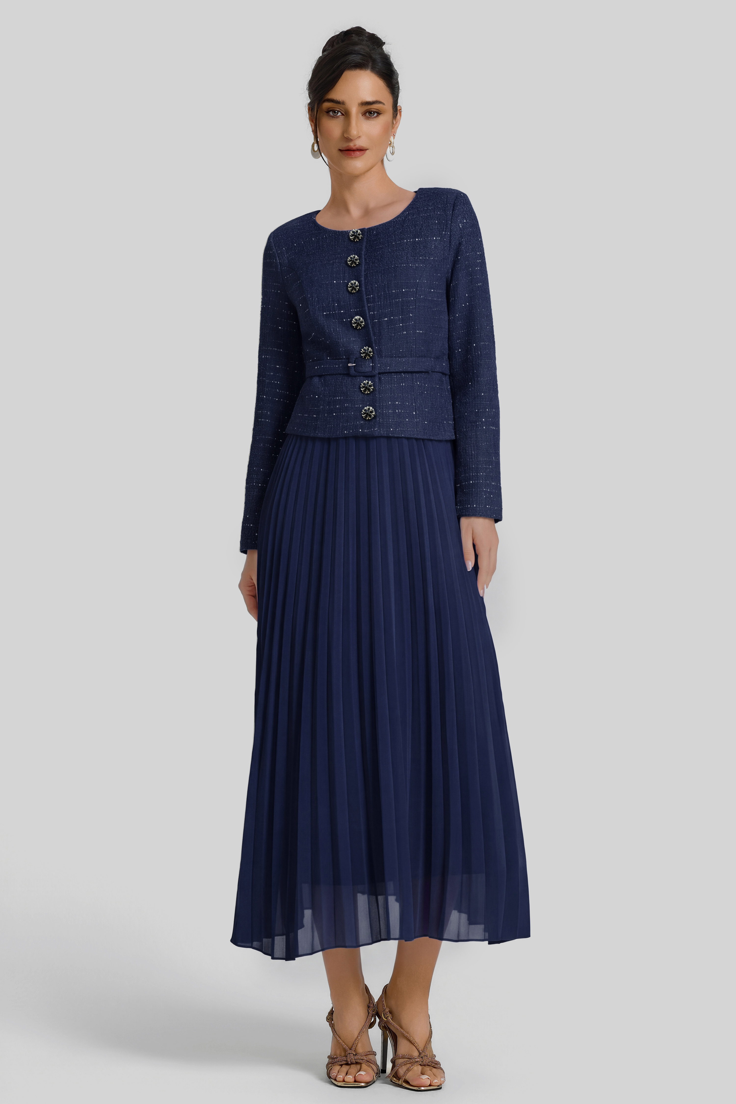 Sequin Pleated Midi Dress With Belt