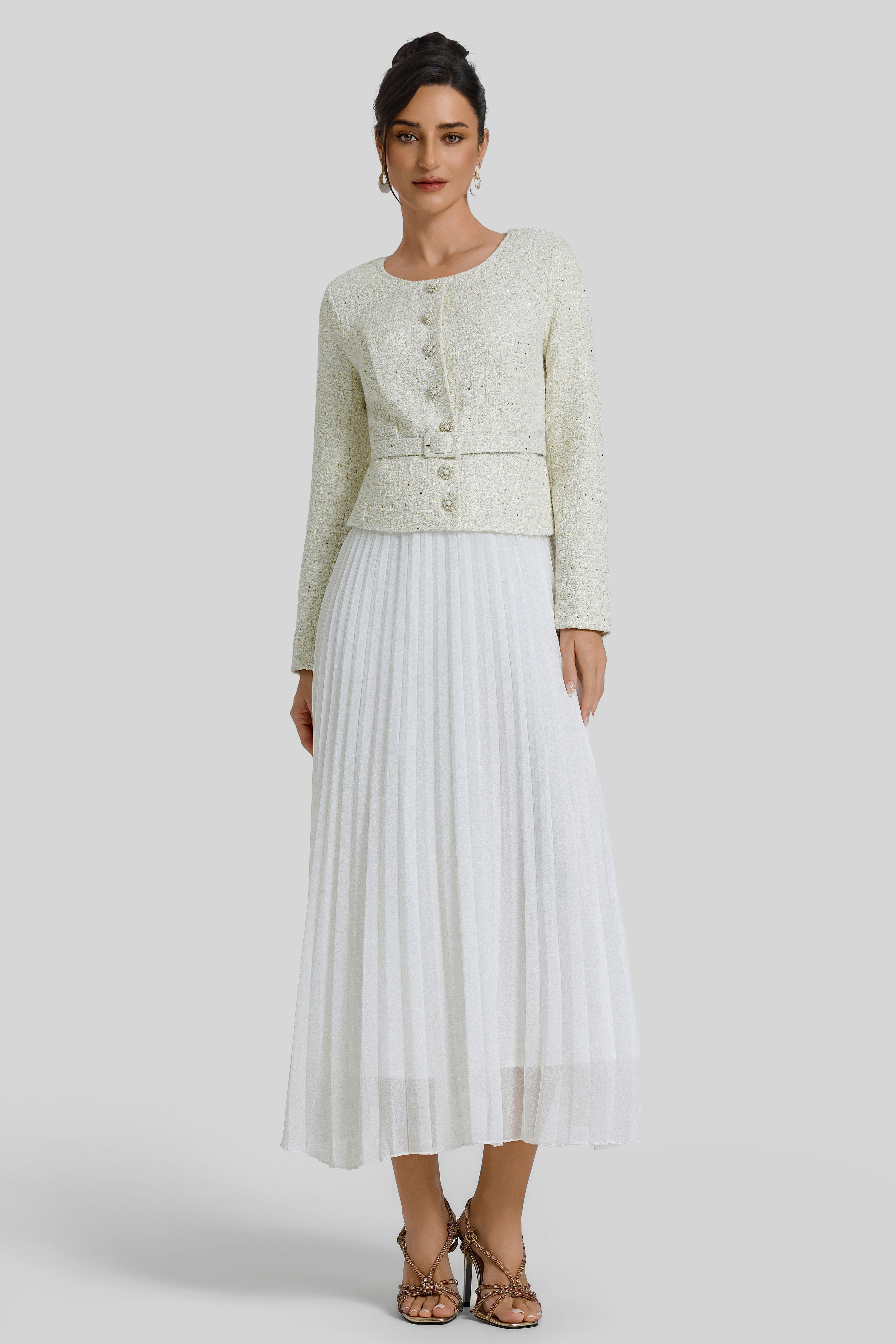 Sequin Pleated Midi Dress With Belt