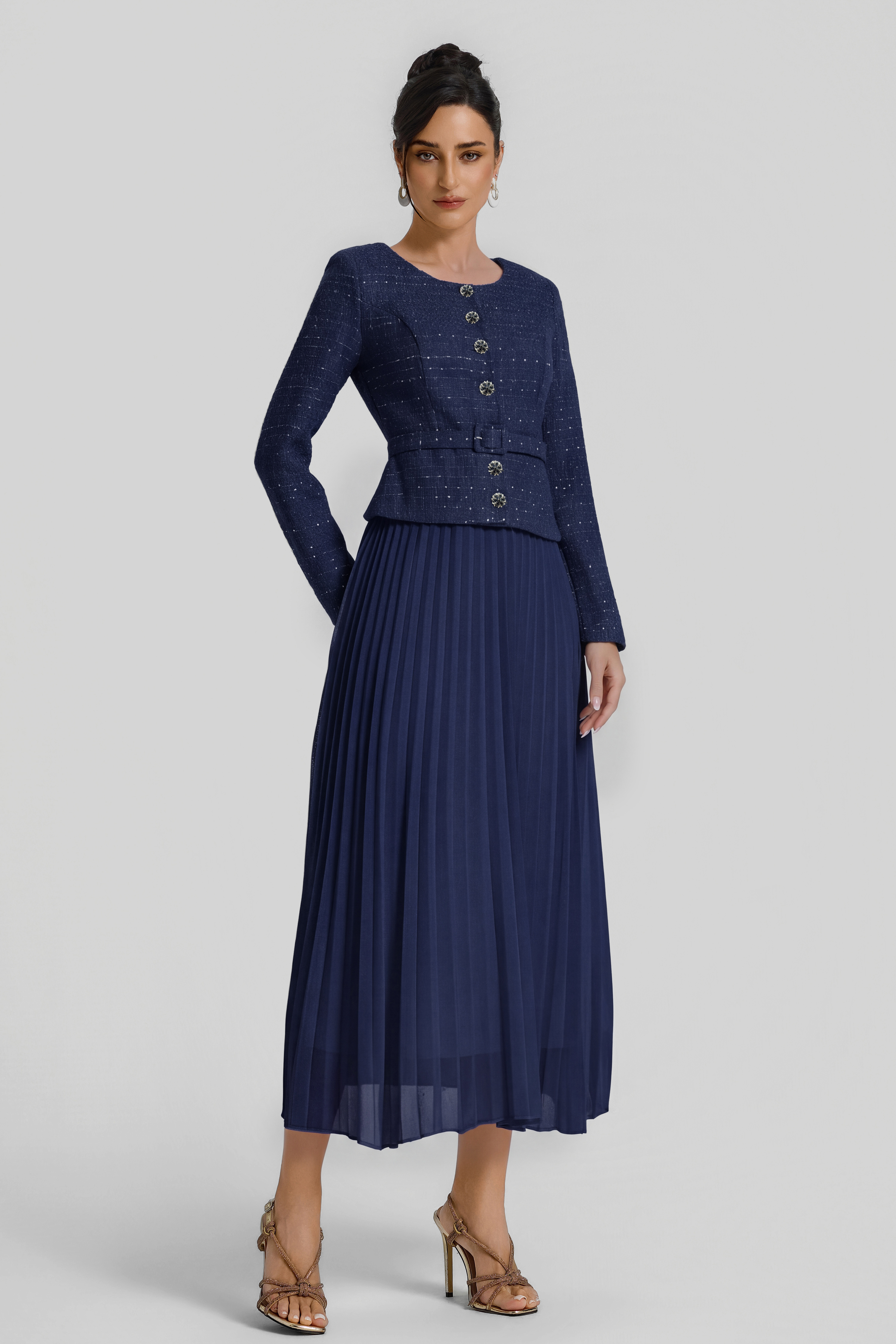 Sequin Pleated Midi Dress With Belt