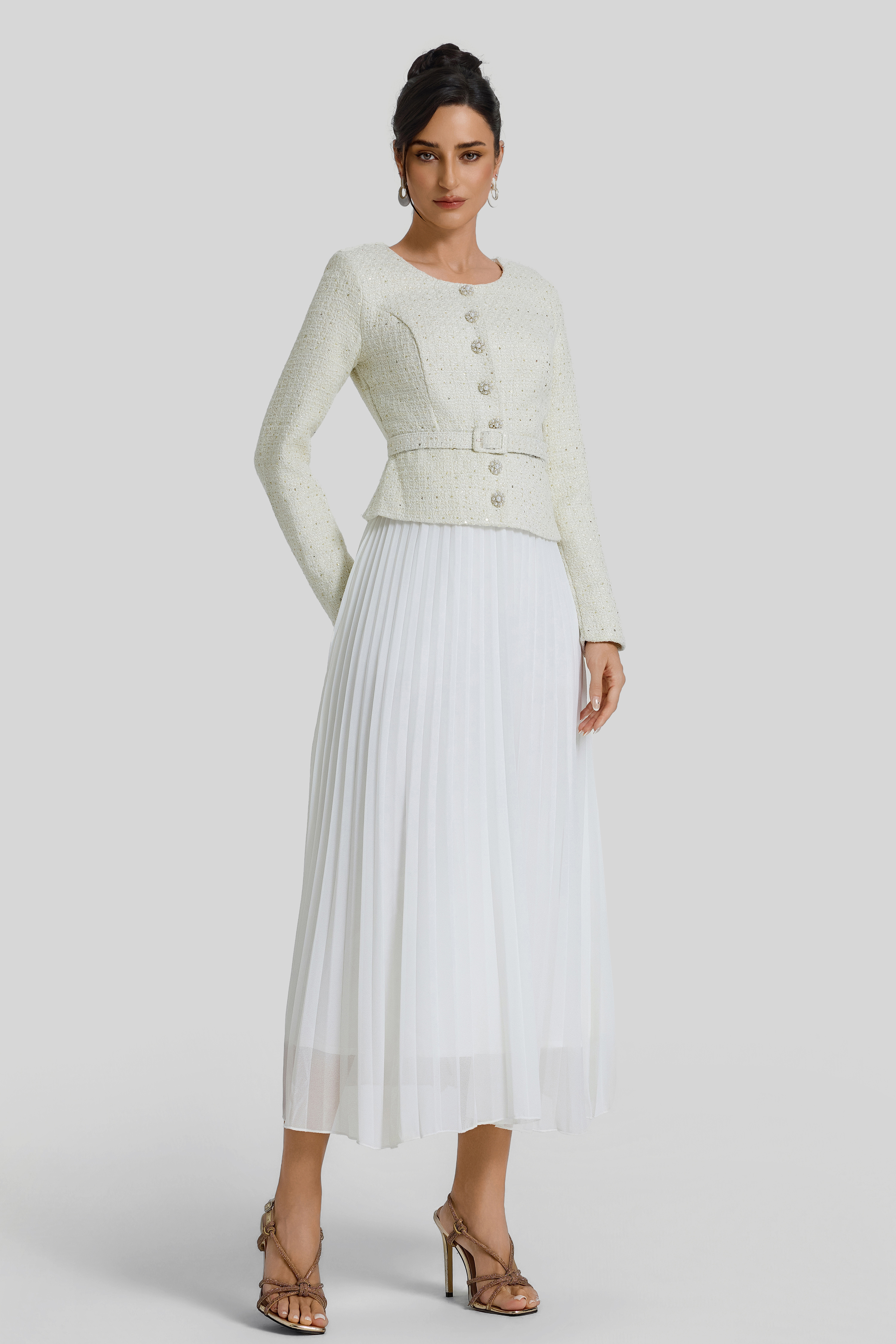 Sequin Pleated Midi Dress With Belt