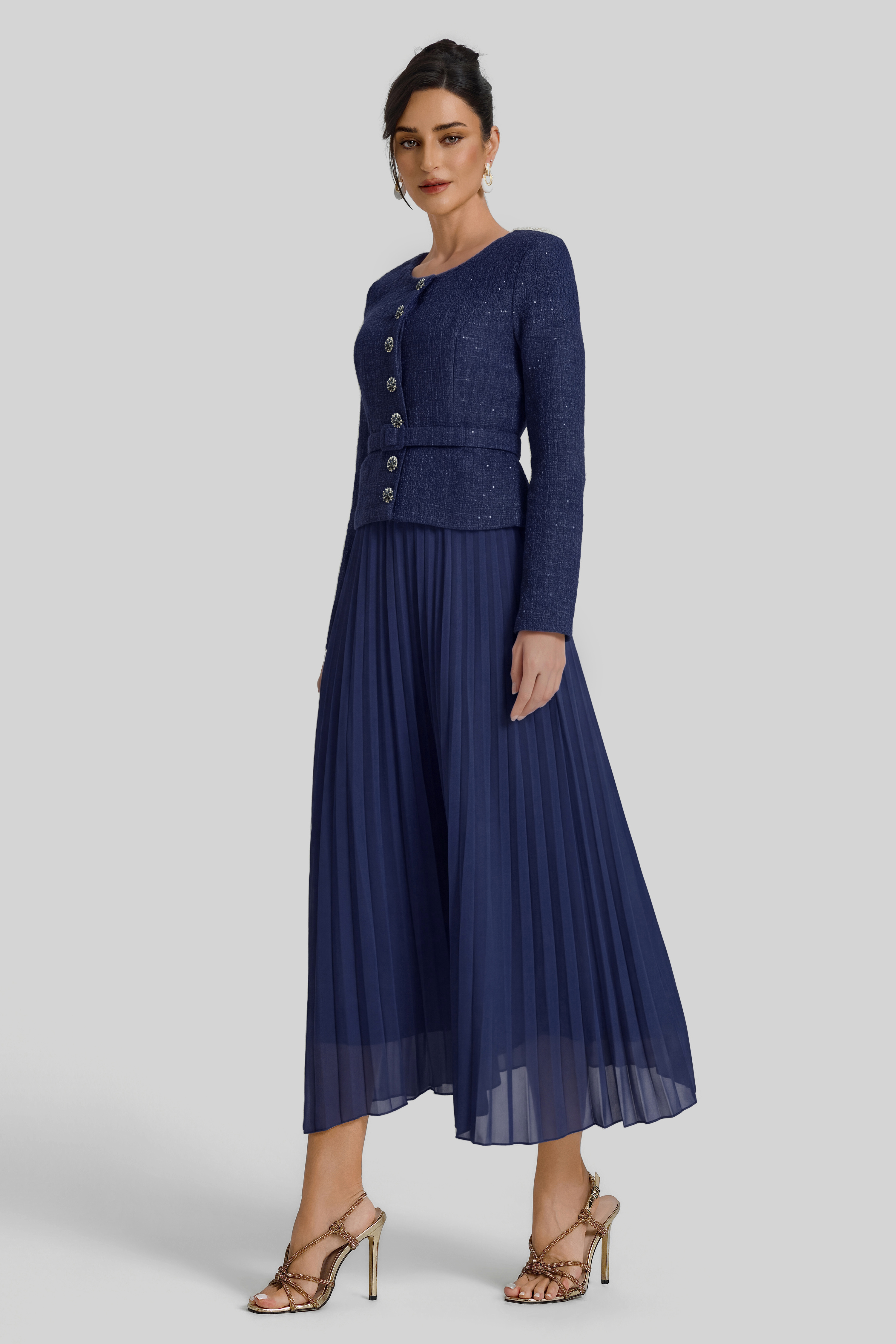 Sequin Pleated Midi Dress With Belt