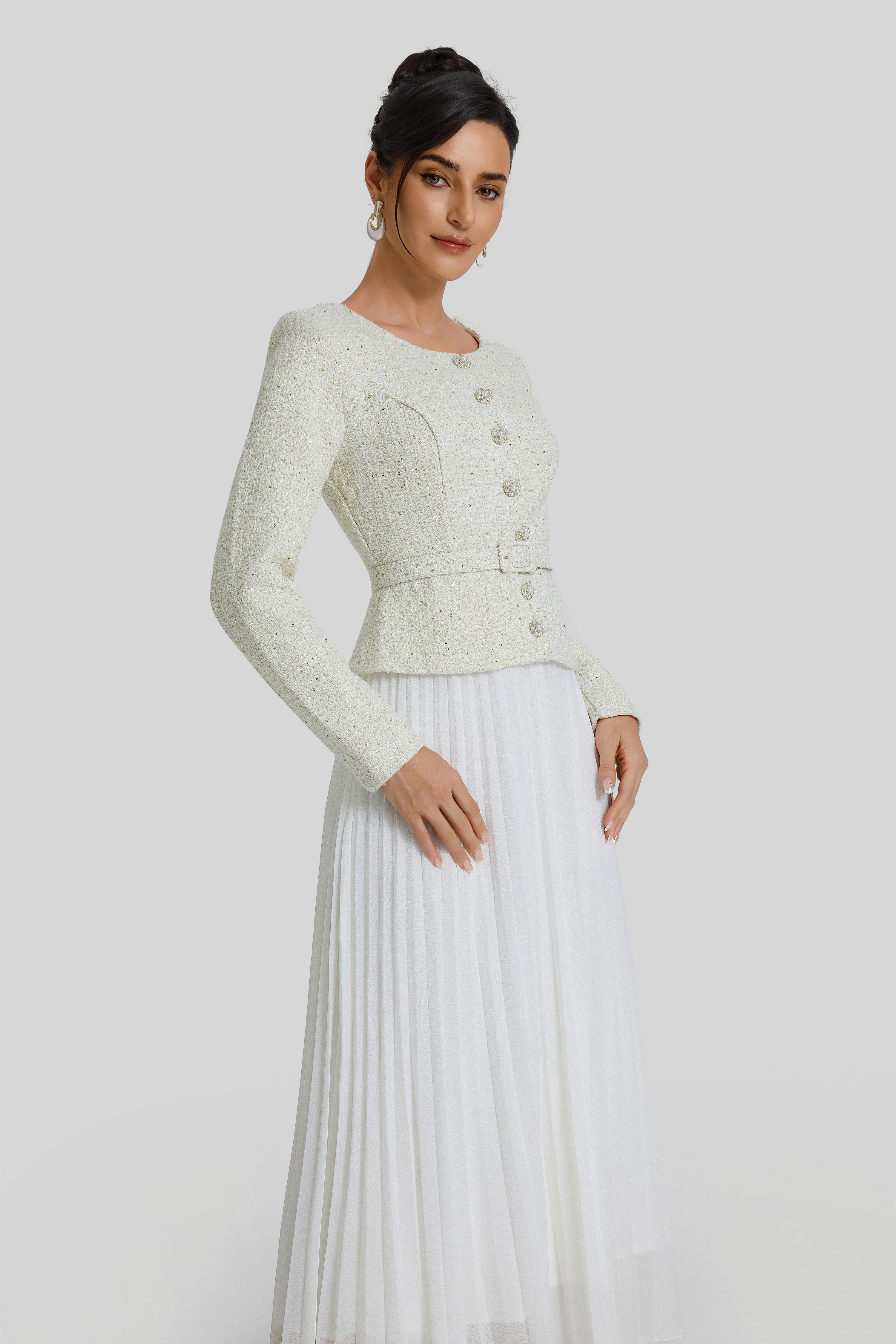 Sequin Pleated Midi Dress With Belt