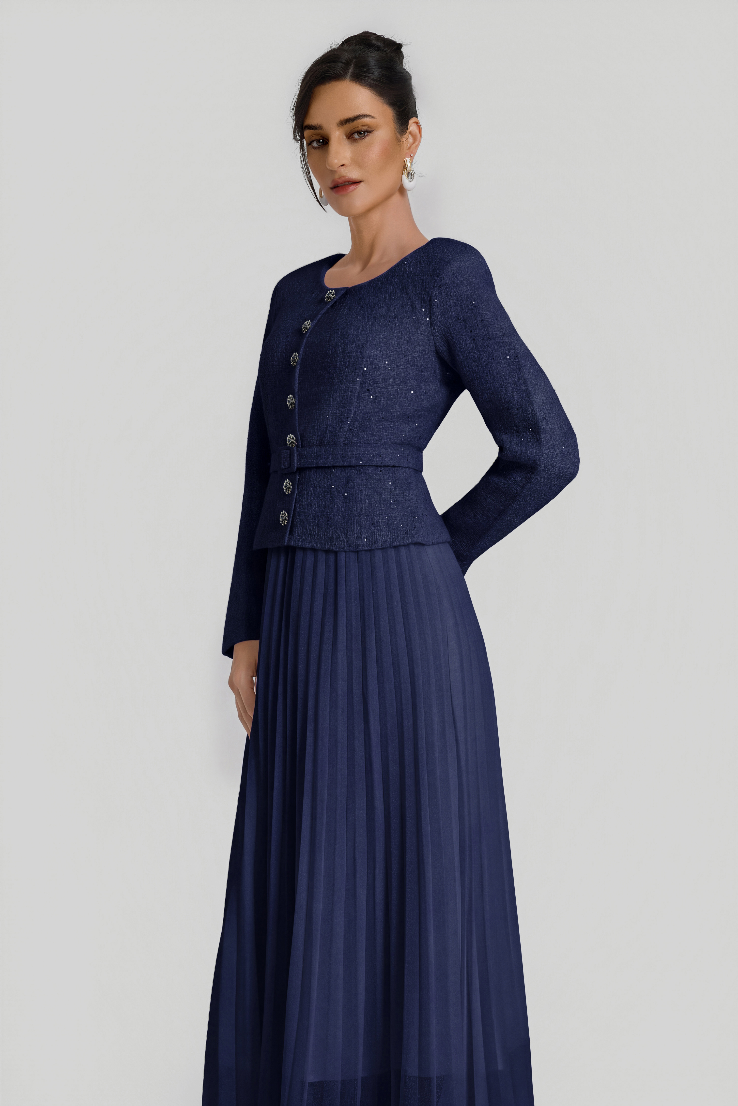 Sequin Pleated Midi Dress With Belt