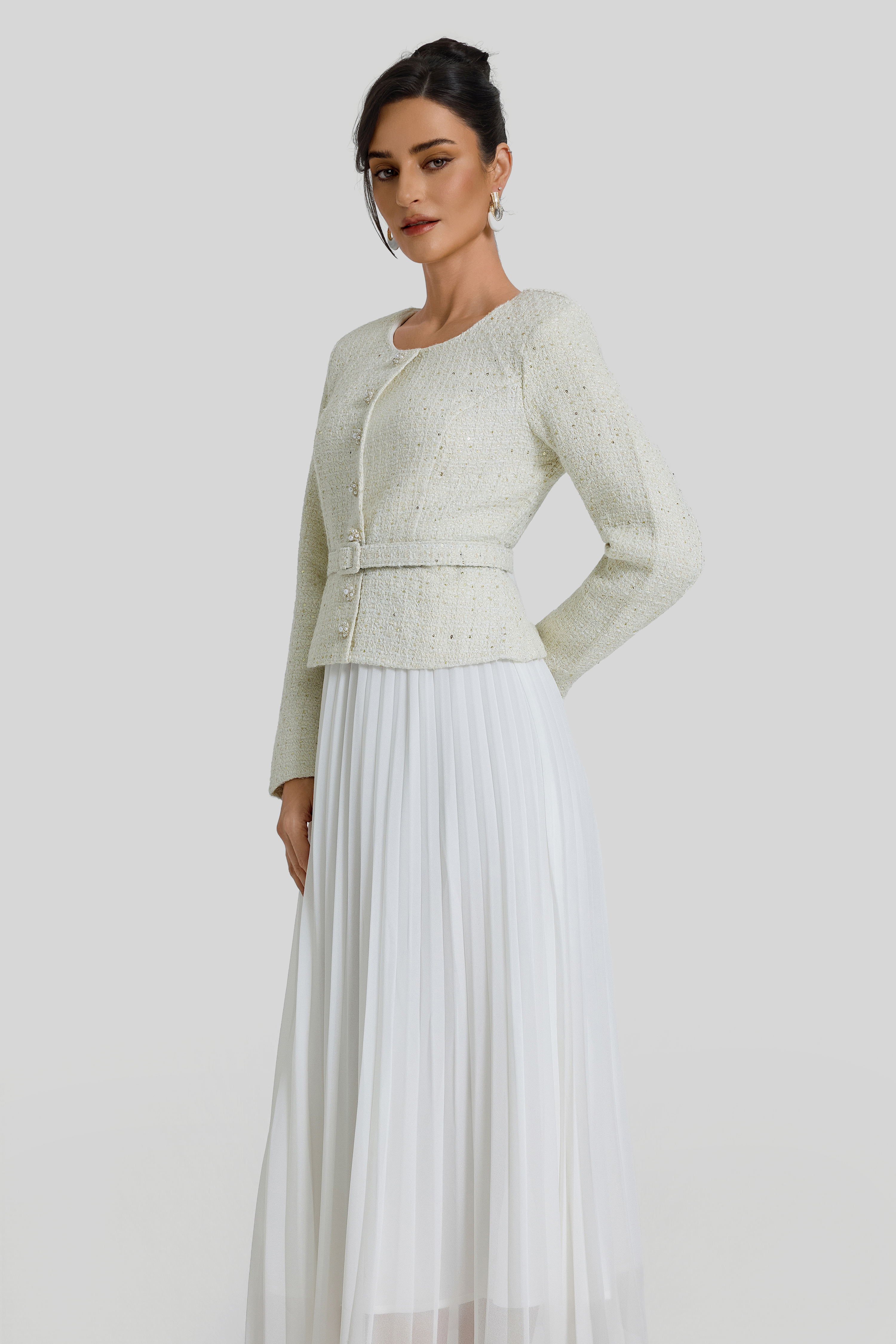 Sequin Pleated Midi Dress With Belt