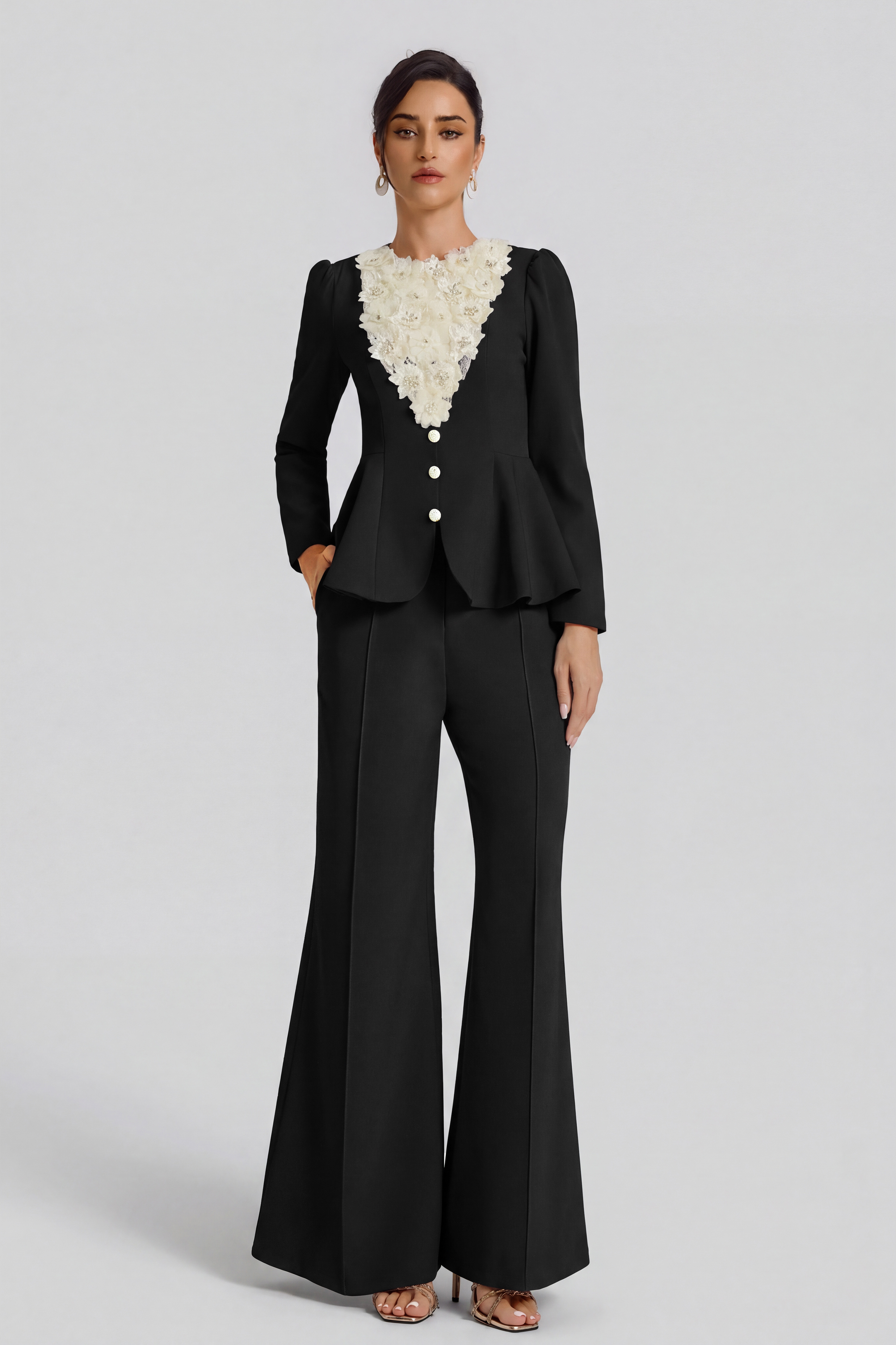 3D Flower Beaded Top & High Waist Pants Set