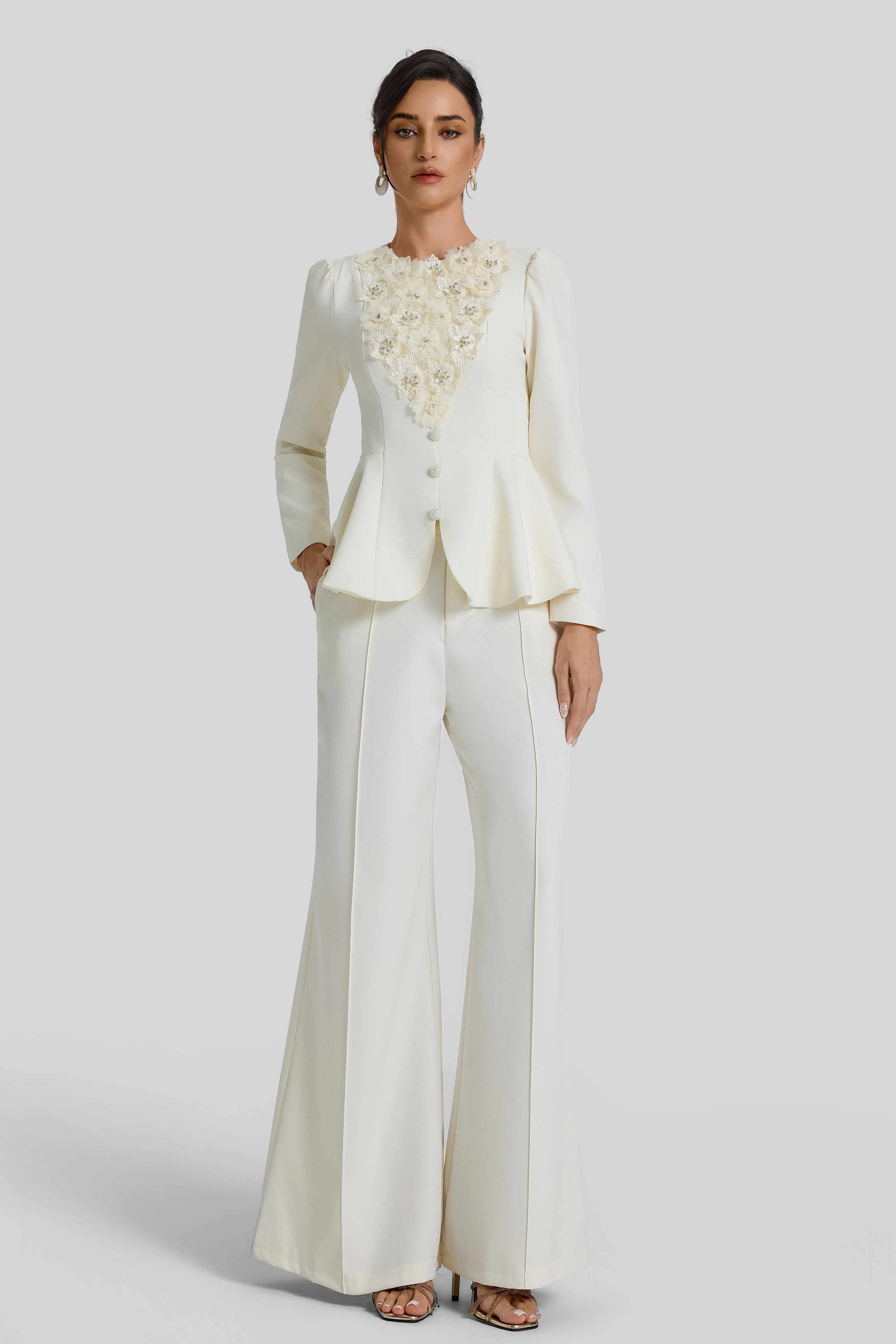 3D Flower Beaded Top & High Waist Pants Set
