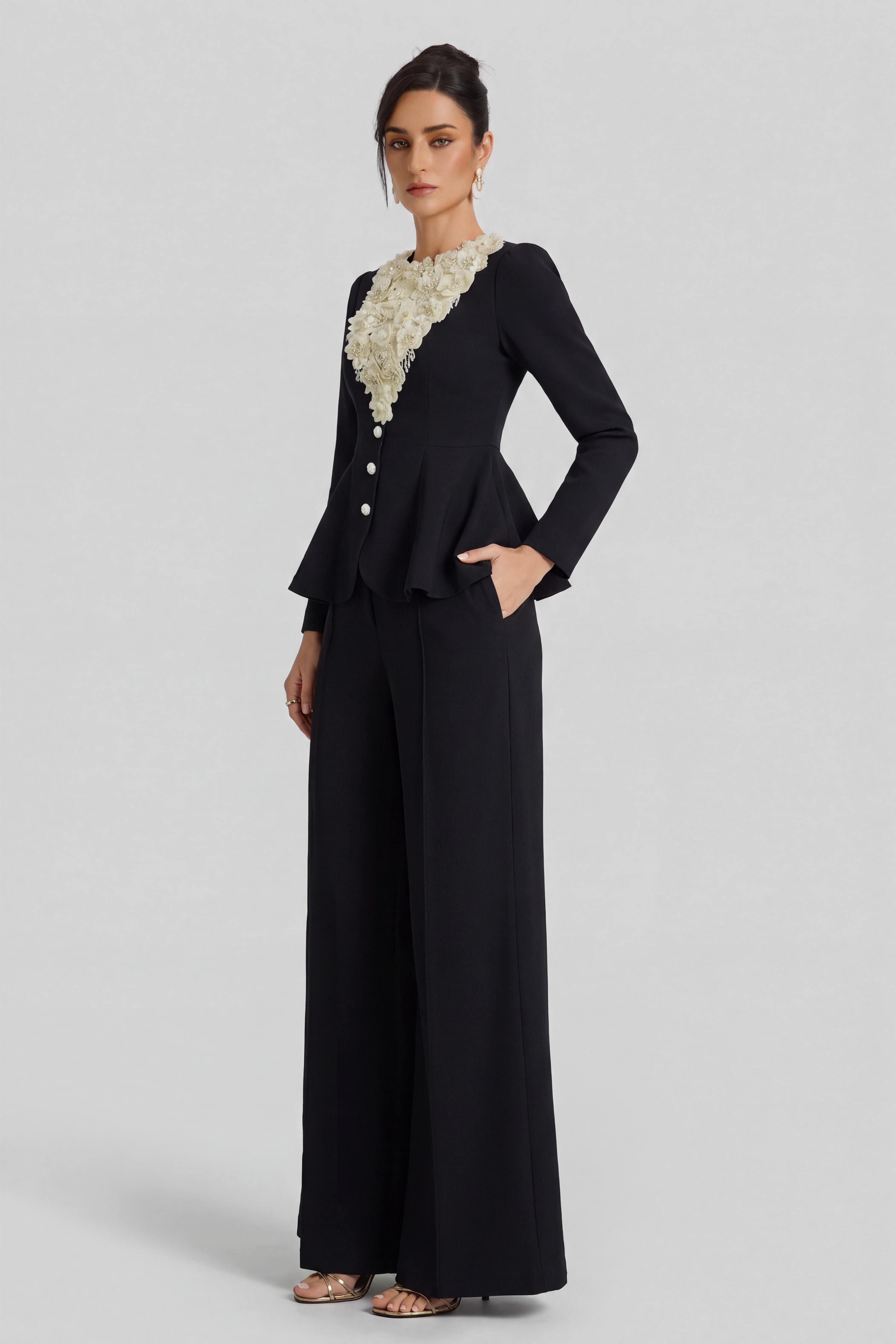 3D Flower Beaded Top & High Waist Pants Set