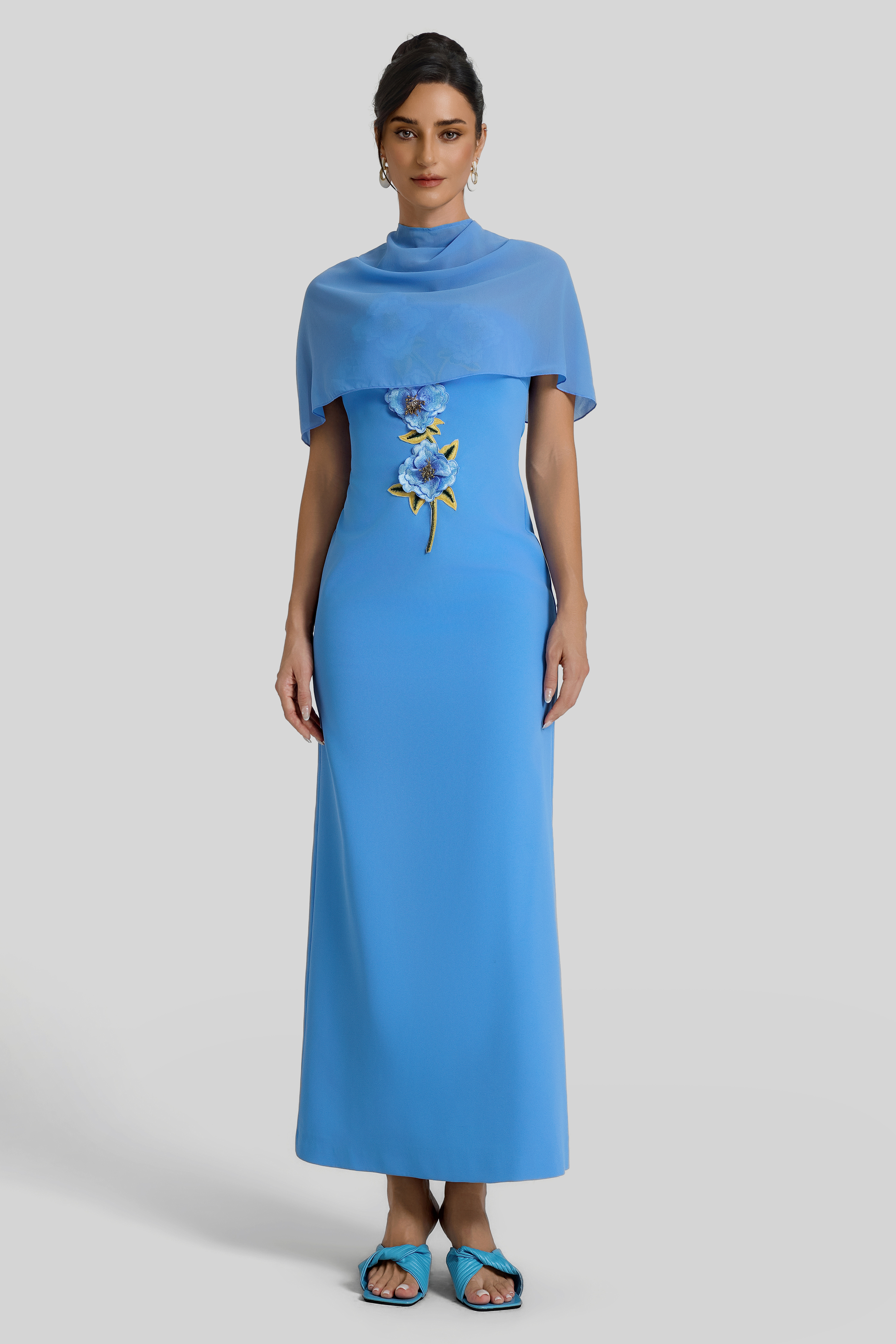 Embroidered Strapless Maxi Dress With Cape