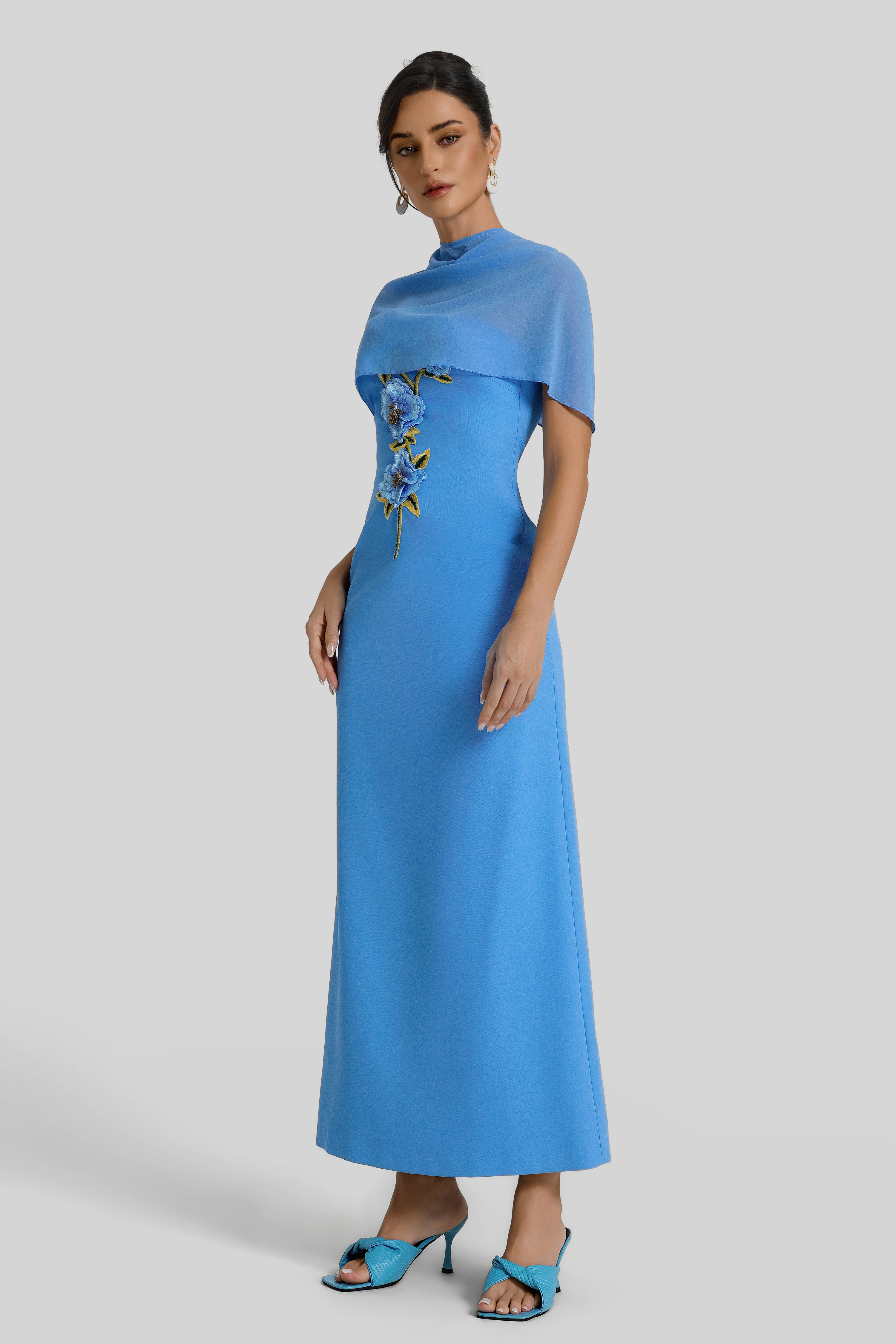 Embroidered Strapless Maxi Dress With Cape