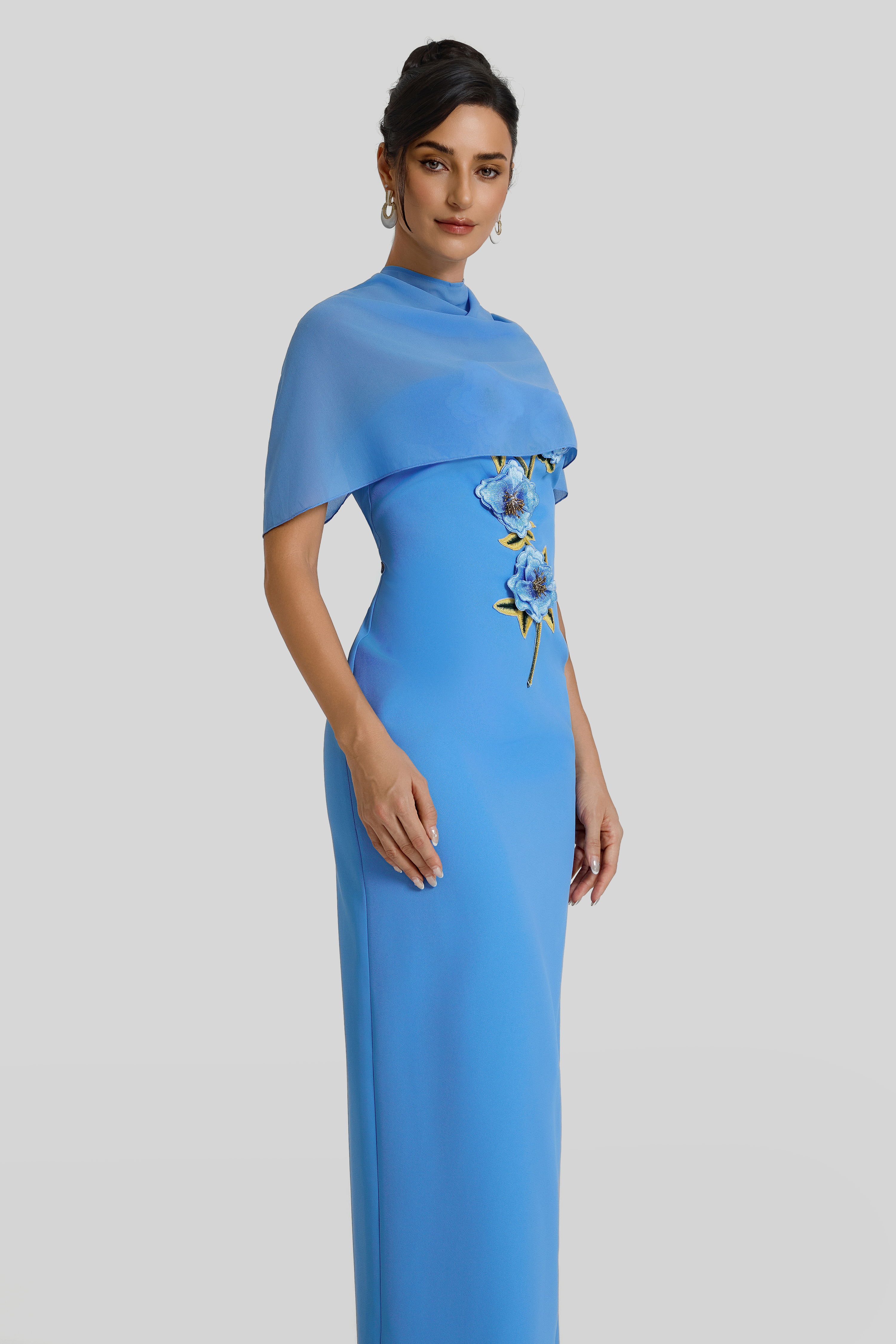 Embroidered Strapless Maxi Dress With Cape