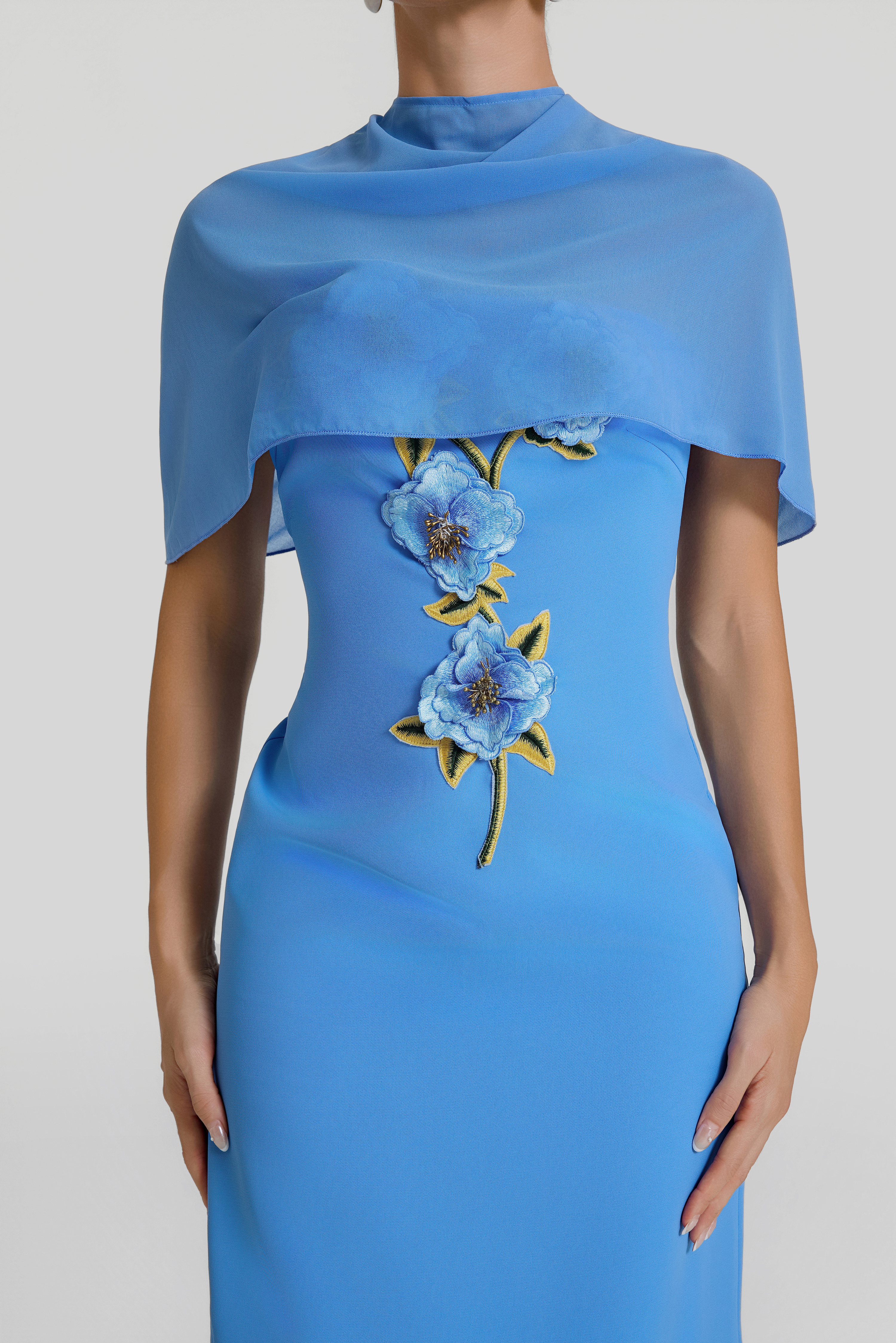 Embroidered Strapless Maxi Dress With Cape