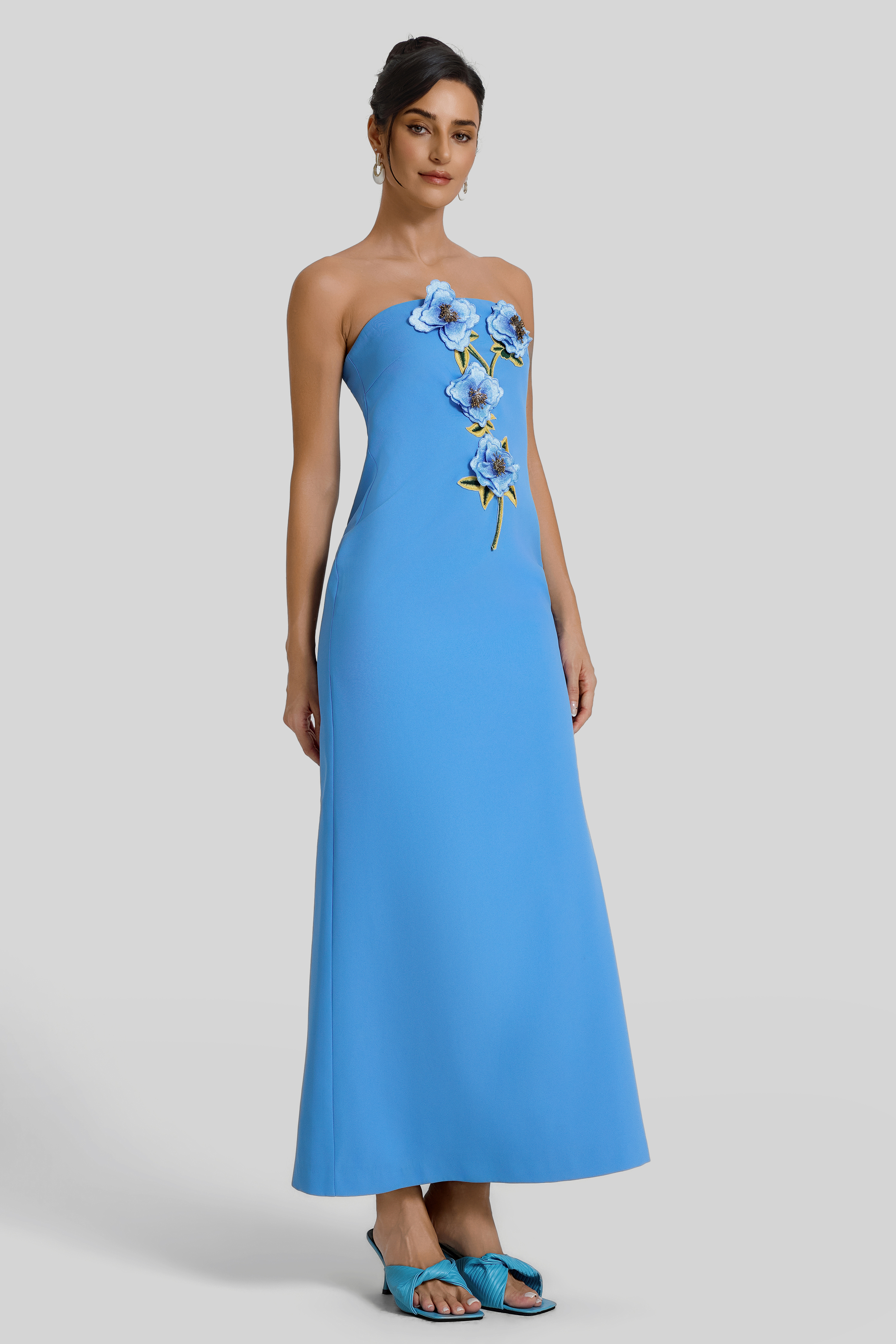 Embroidered Strapless Maxi Dress With Cape