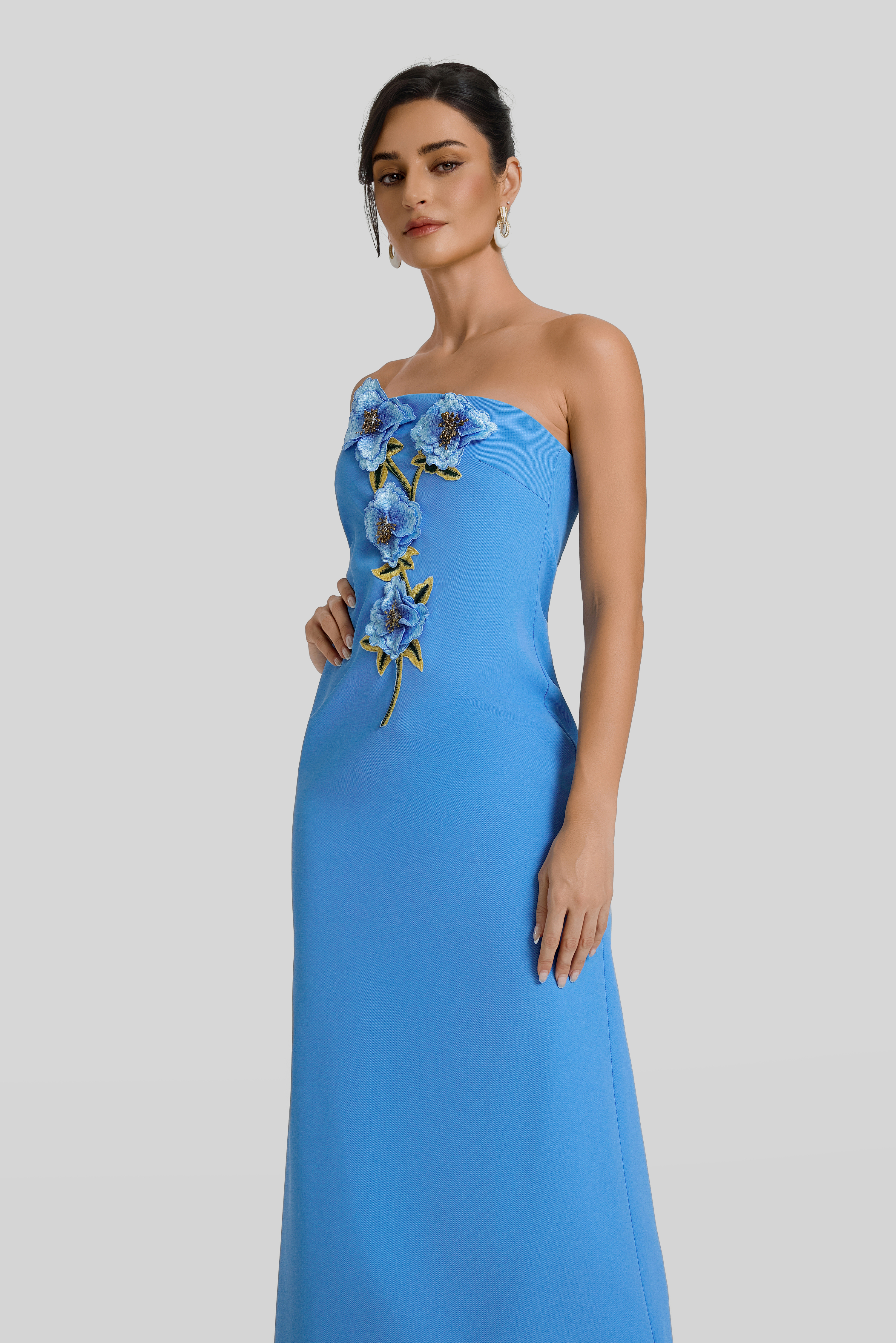 Embroidered Strapless Maxi Dress With Cape