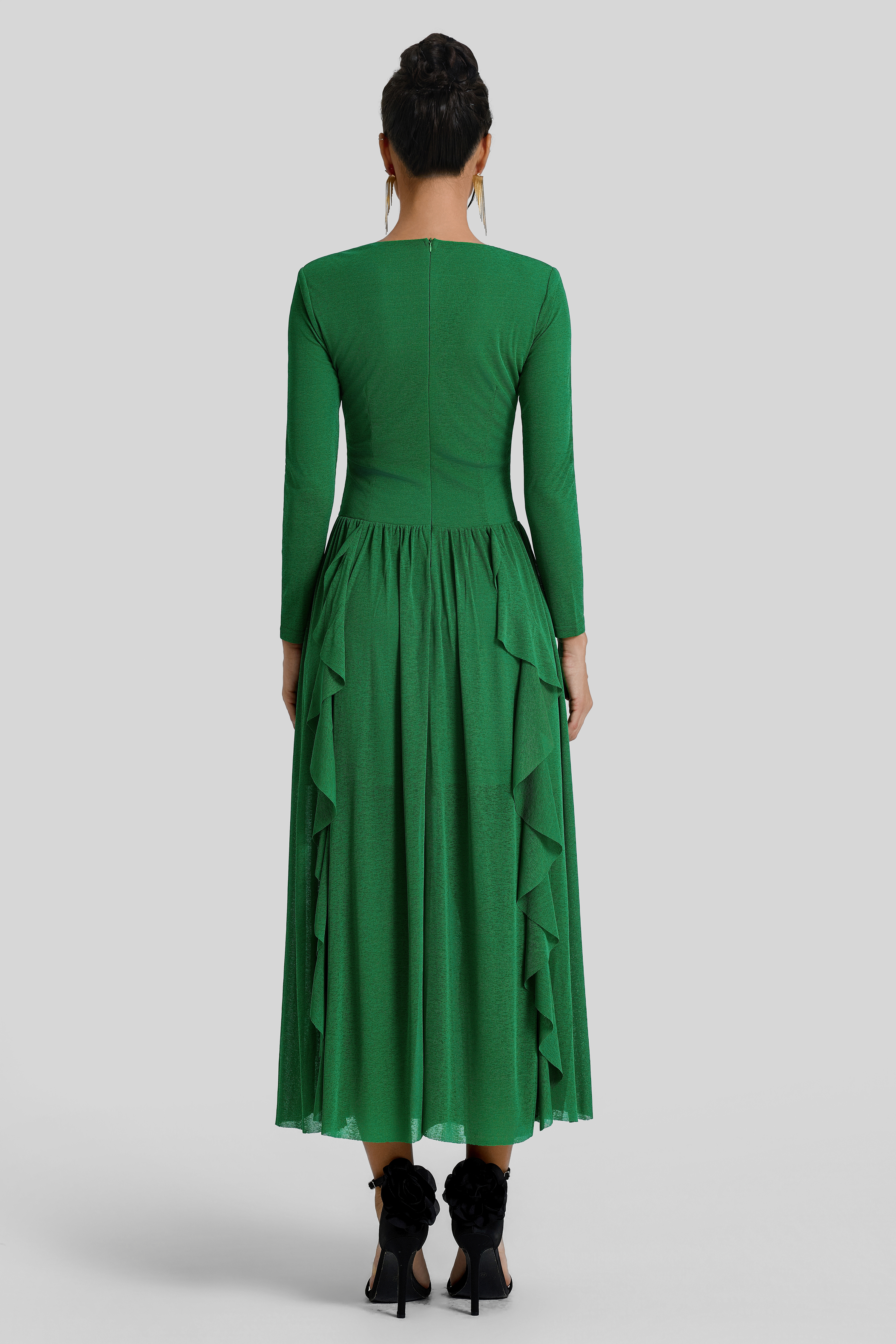 Ruffle Lace Splicing Gathering Midi Dress