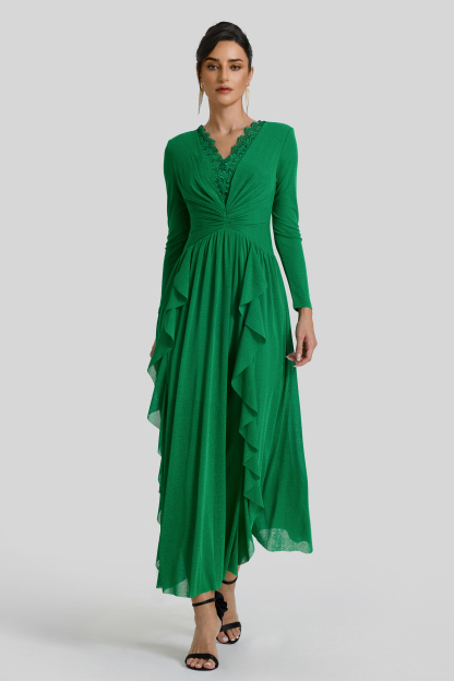 Ruffle Lace Splicing Gathering Midi Dress