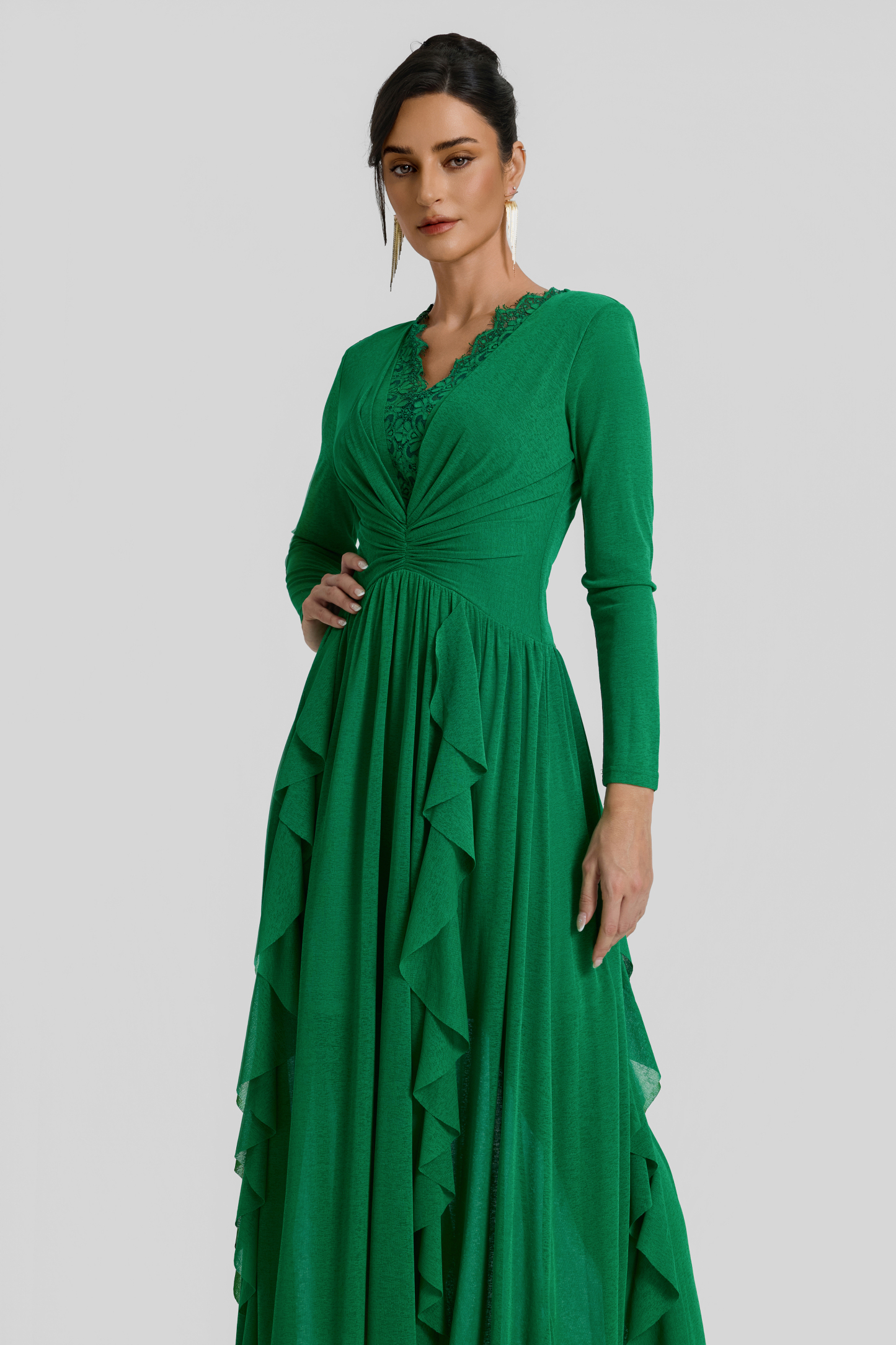 Ruffle Lace Splicing Gathering Midi Dress