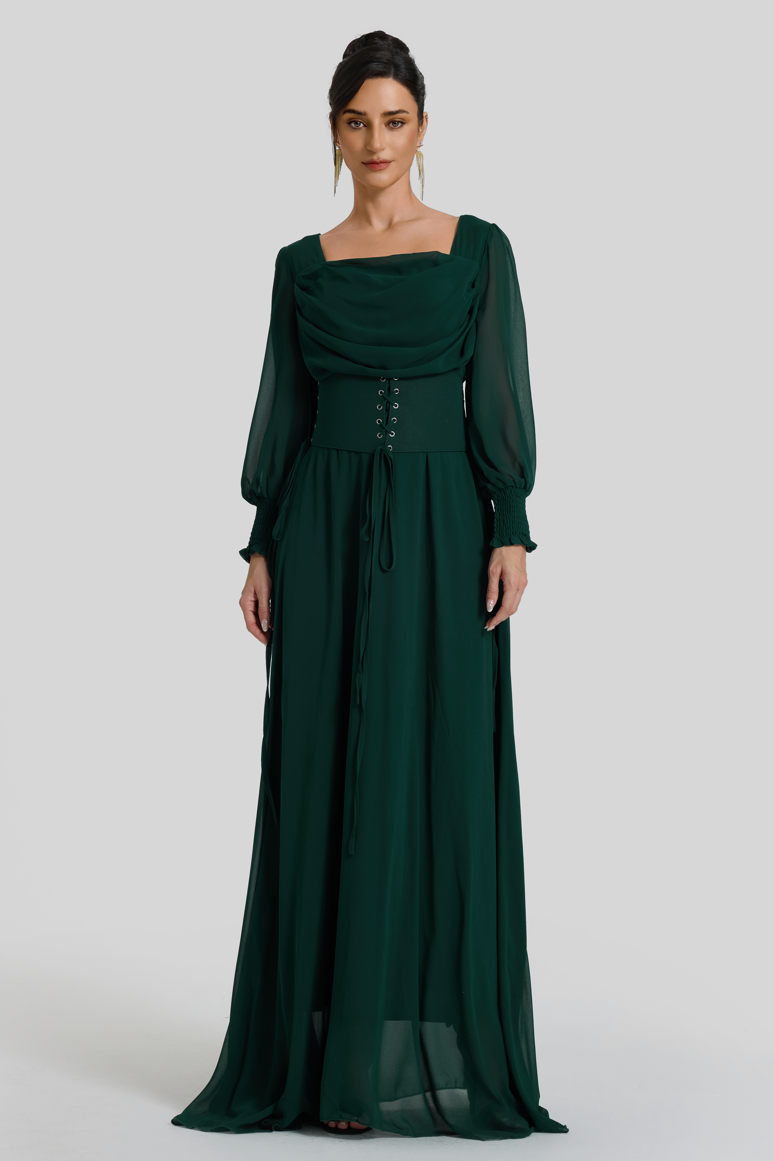 Square Collar Lantern Sleeve Maxi Dress With Corset
