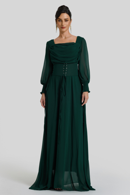 Square Collar Lantern Sleeve Maxi Dress With Corset