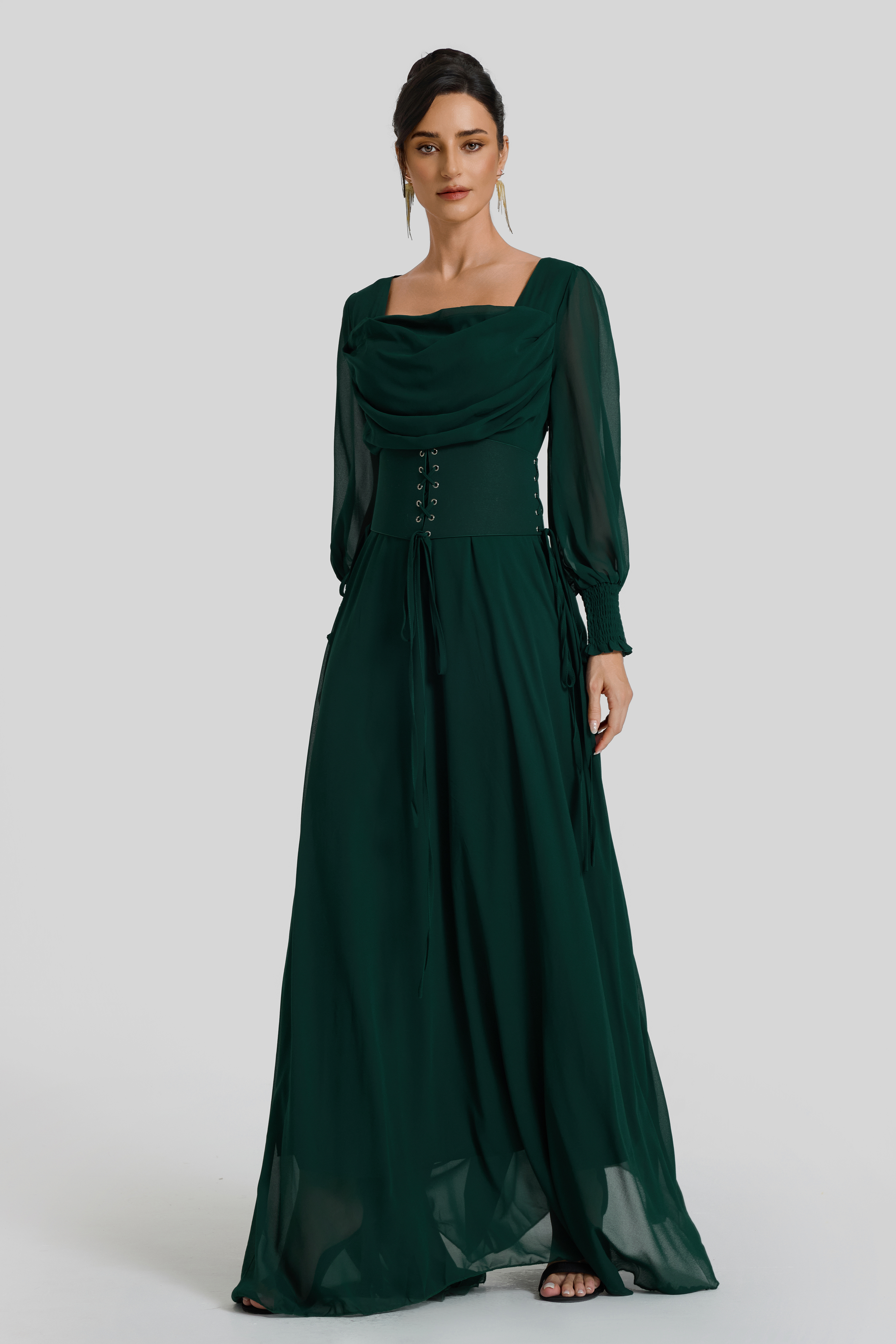 Square Collar Lantern Sleeve Maxi Dress With Corset