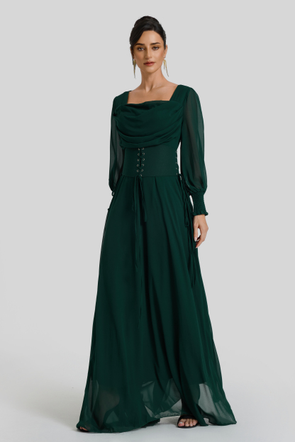 Square Collar Lantern Sleeve Maxi Dress With Corset