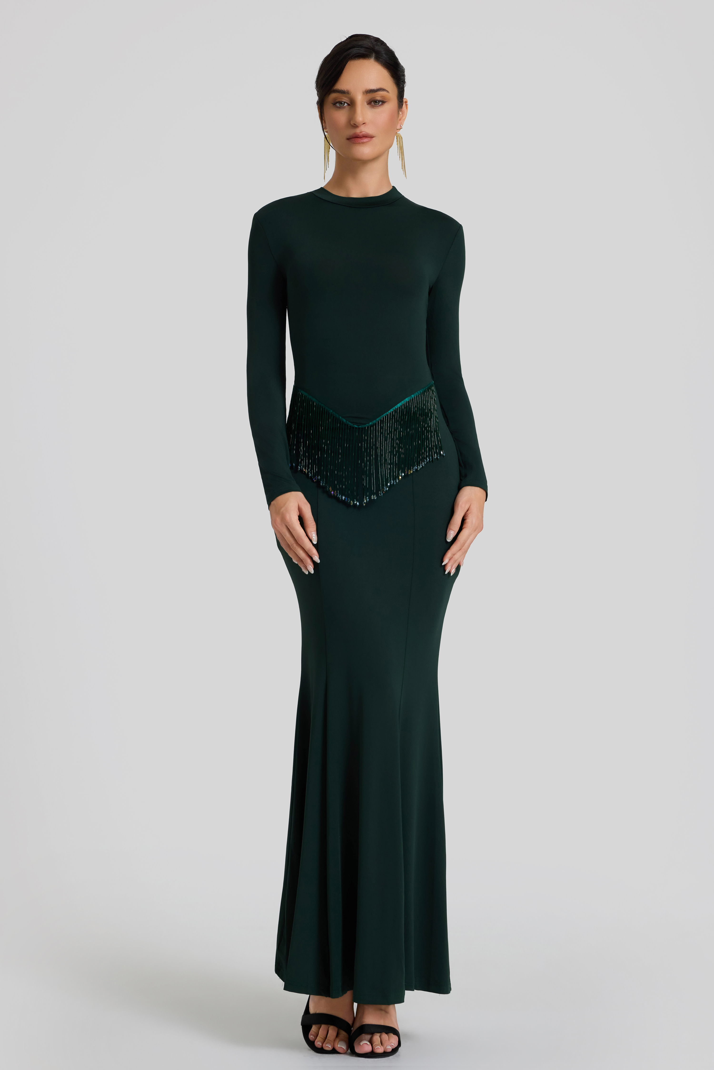 Solid Beaded Round Neck Maxi Dress