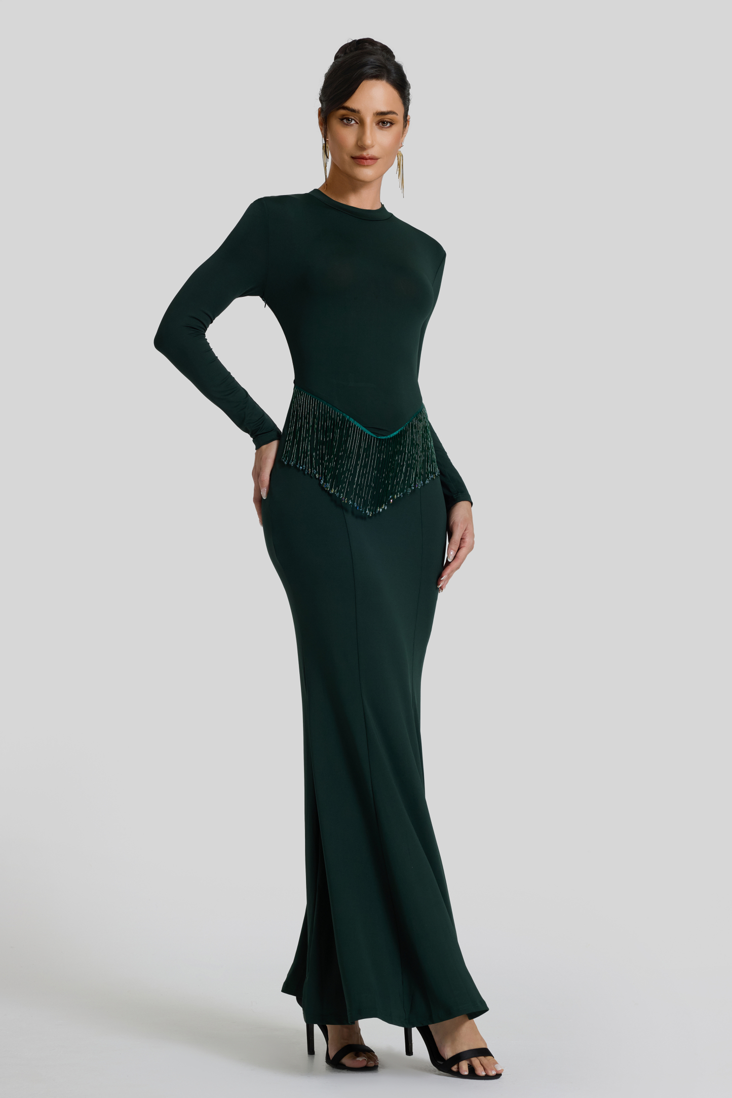 Solid Beaded Round Neck Maxi Dress