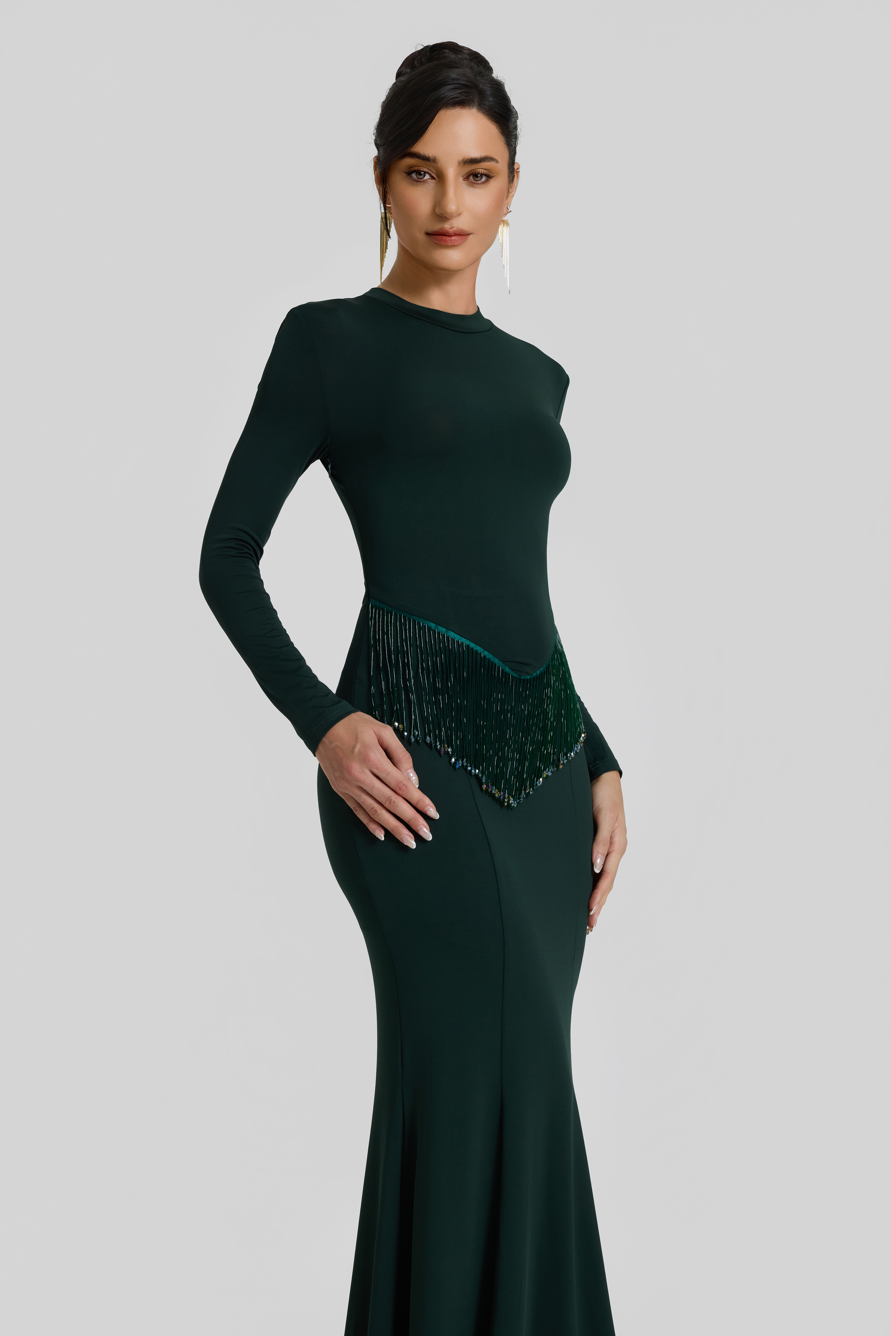 Solid Beaded Round Neck Maxi Dress