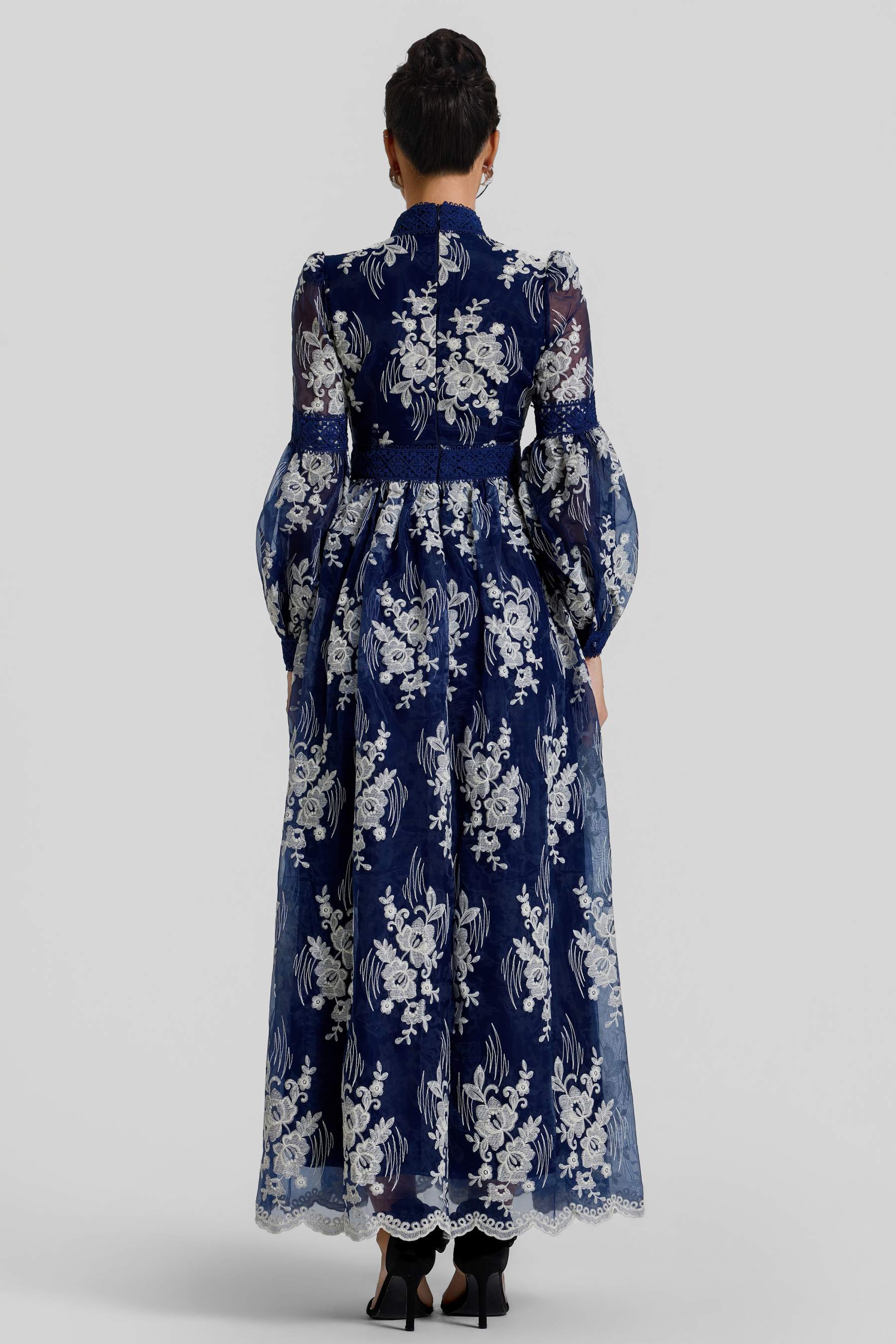 Embroidered Stand Collar Button Maxi Dress