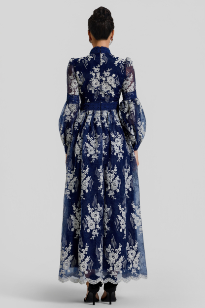 Embroidered Stand Collar Button Maxi Dress