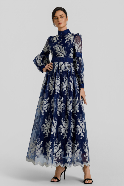 Embroidered Stand Collar Button Maxi Dress