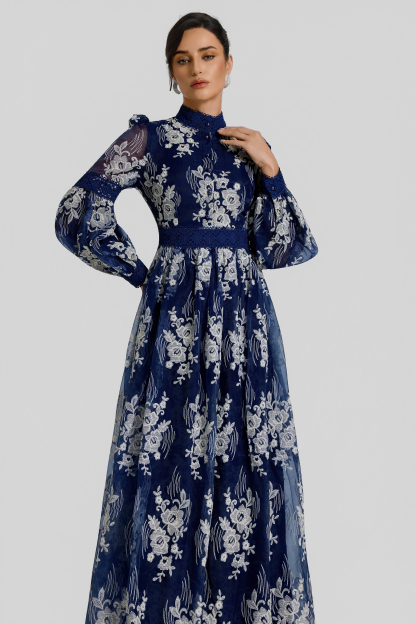 Embroidered Stand Collar Button Maxi Dress