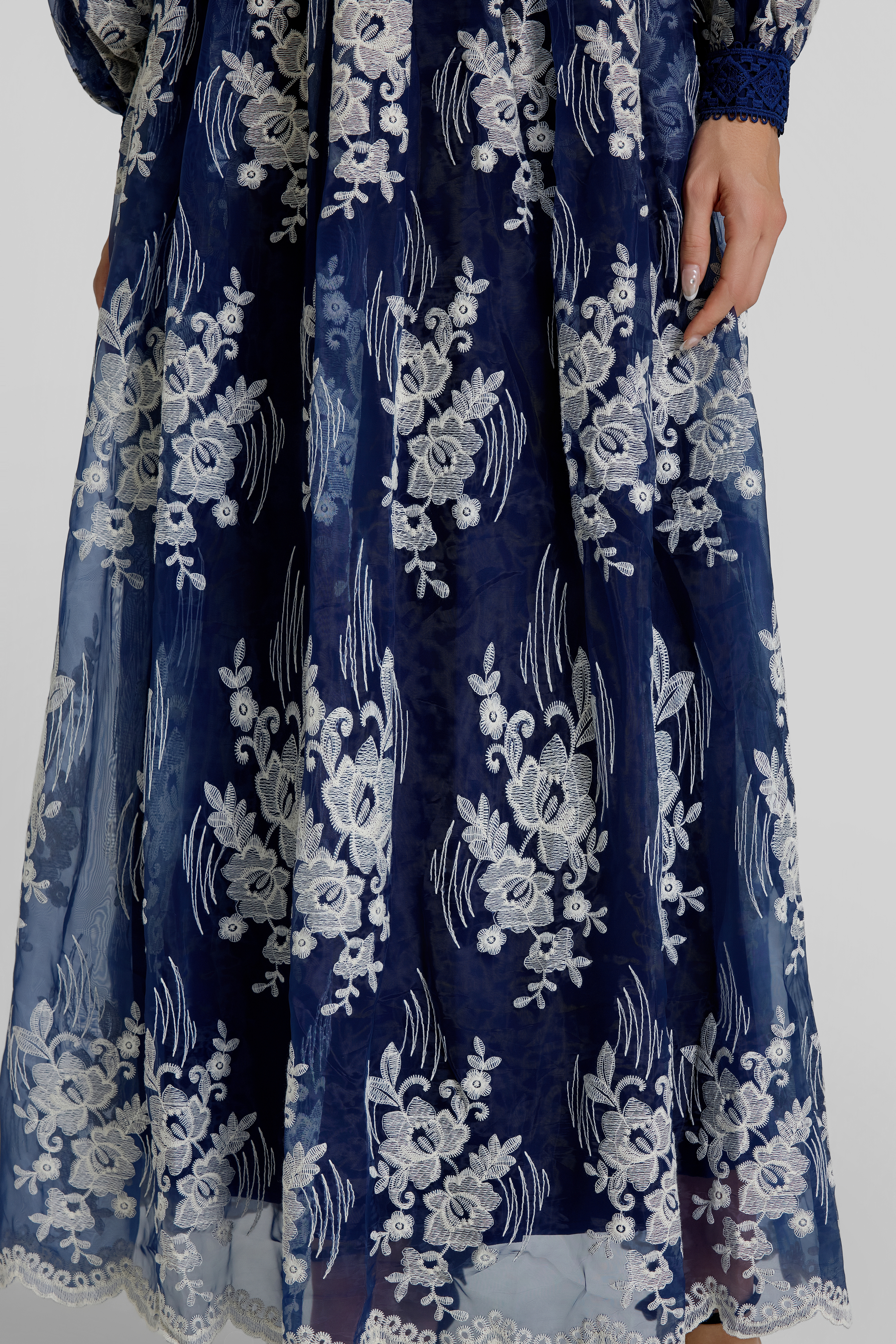 Embroidered Stand Collar Button Maxi Dress