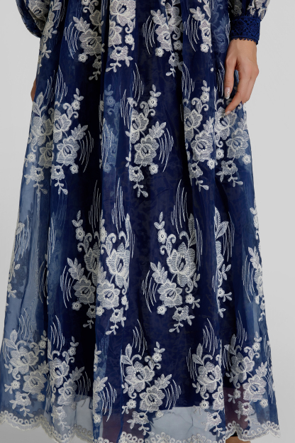Embroidered Stand Collar Button Maxi Dress