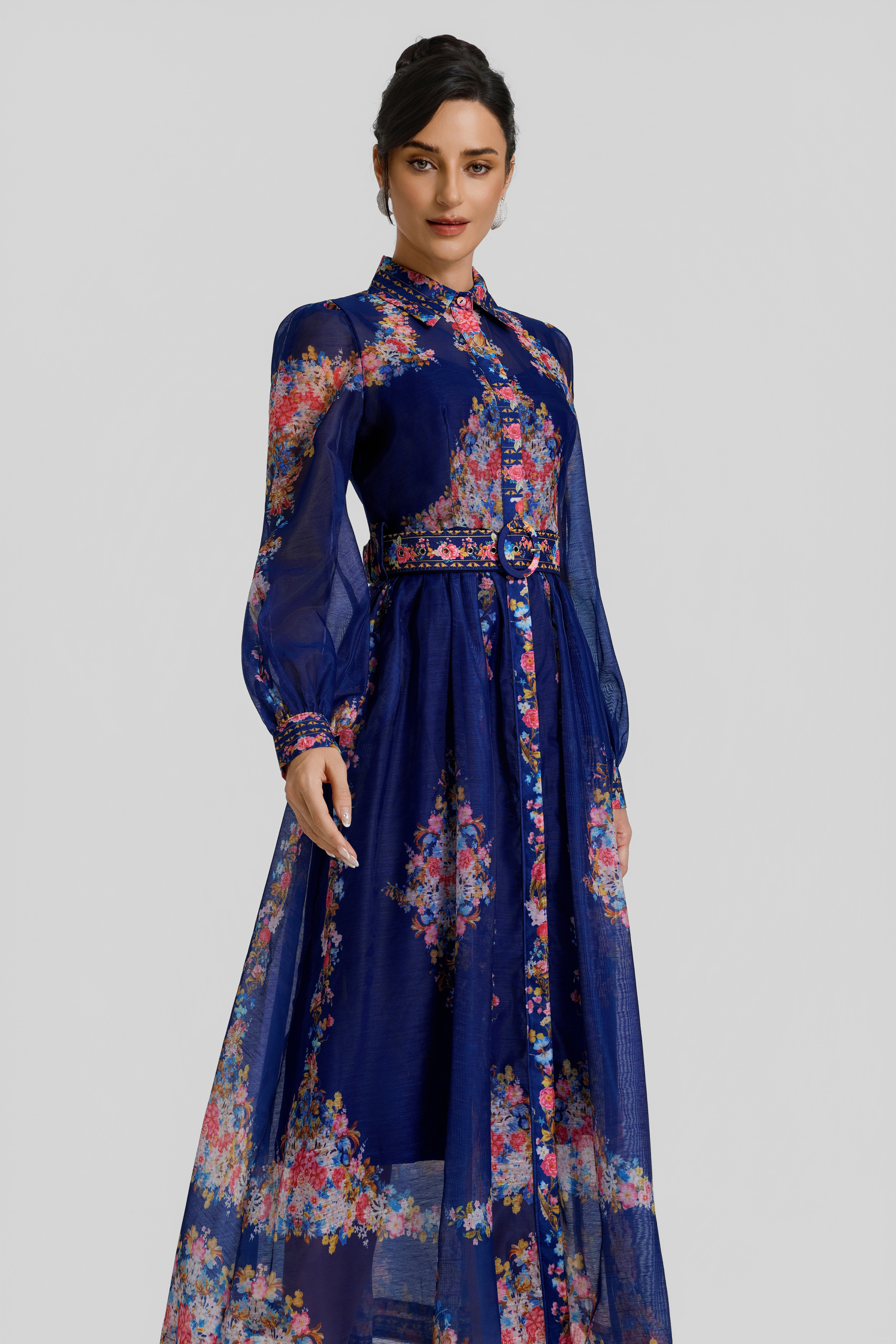 Floral Single Breasted Midi Dress With Belt