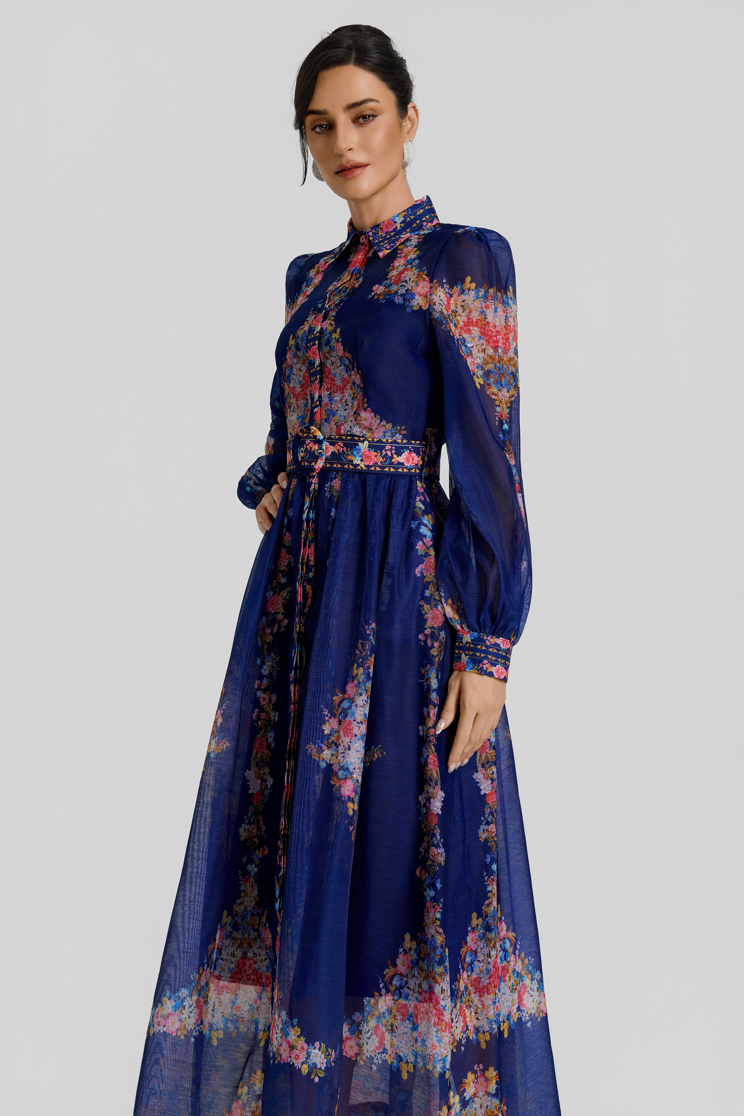 Floral Single Breasted Midi Dress With Belt