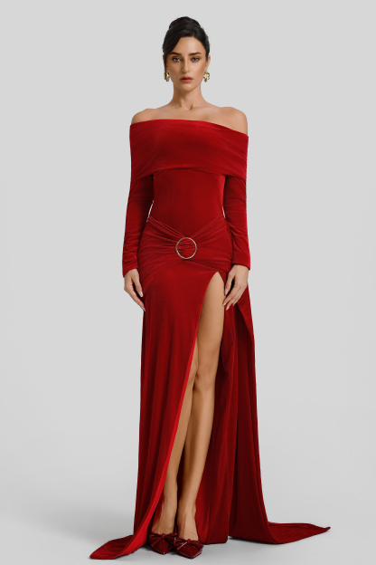 Off Shoulder Gathering Metal Decorations Maxi Dress