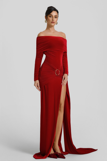 Off Shoulder Gathering Metal Decorations Maxi Dress