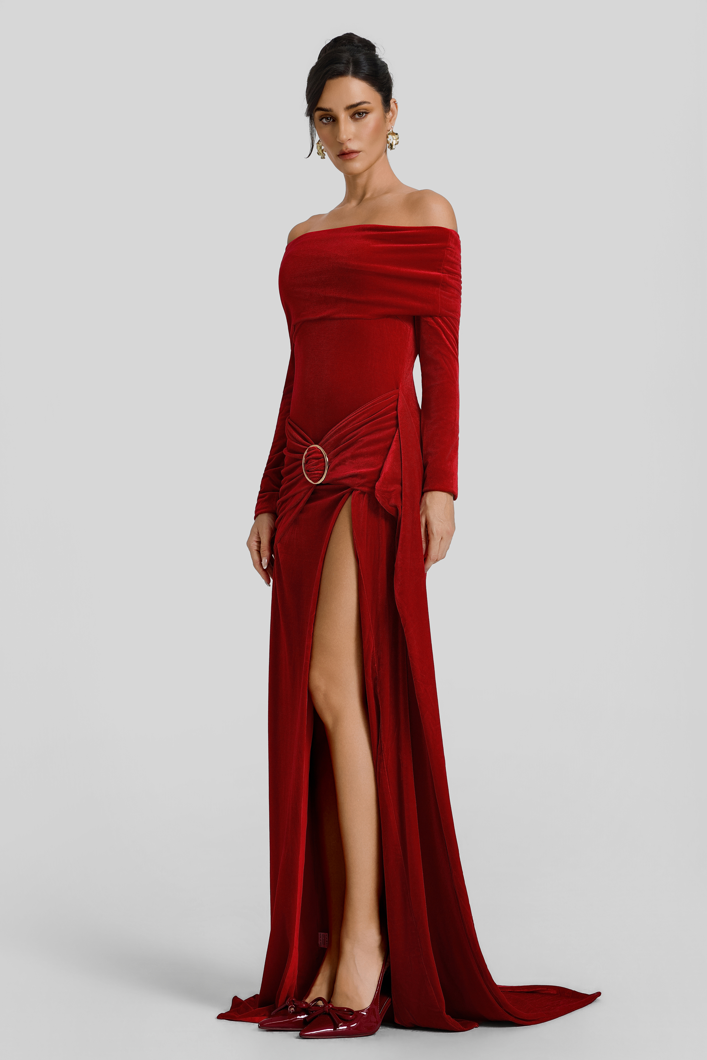 Off Shoulder Gathering Metal Decorations Maxi Dress