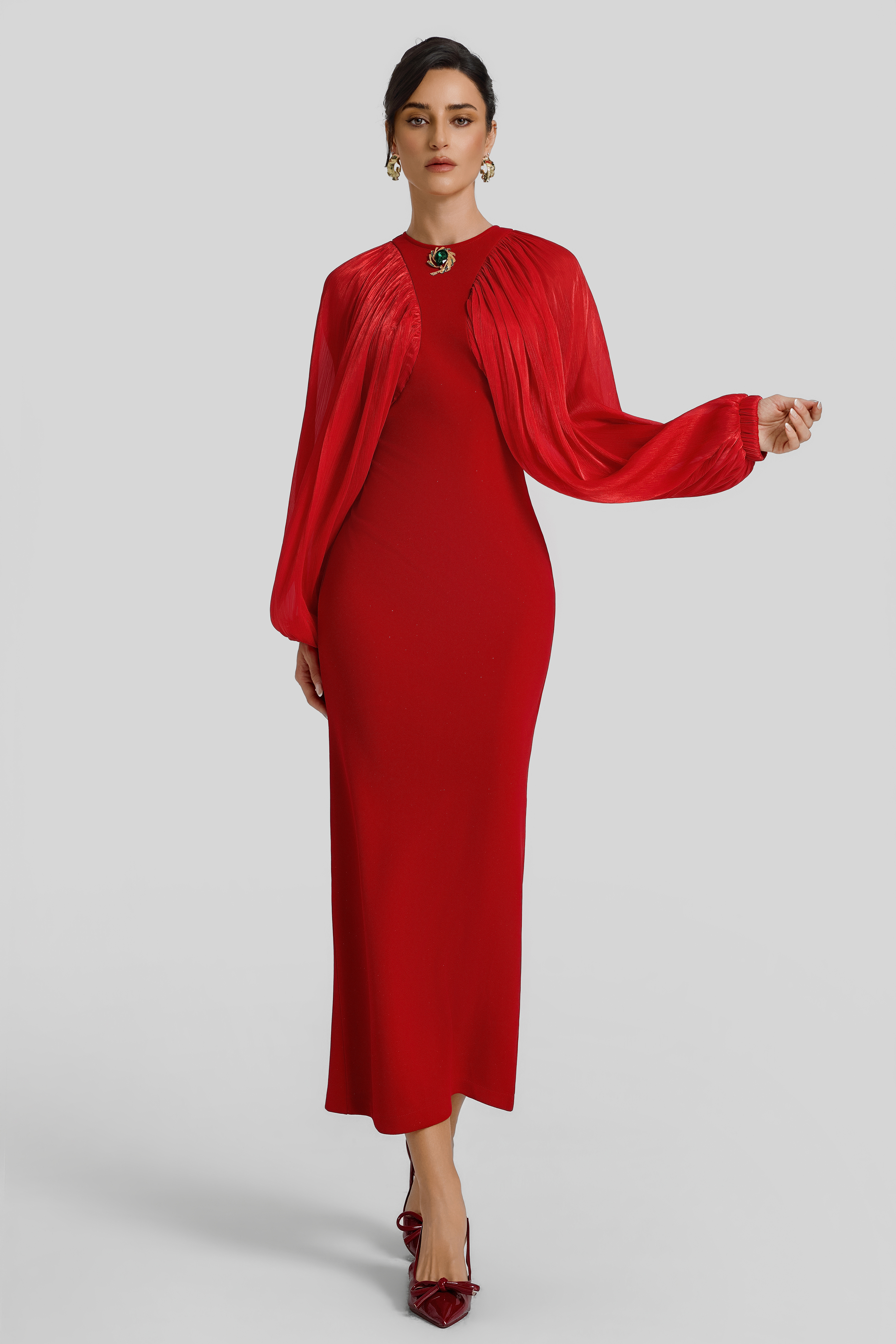 Chiffon Splicing Lantern Sleeves Midi Dress
