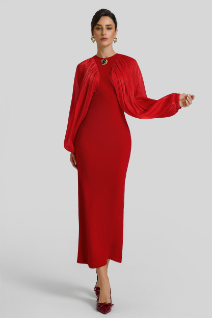 Chiffon Splicing Lantern Sleeves Midi Dress