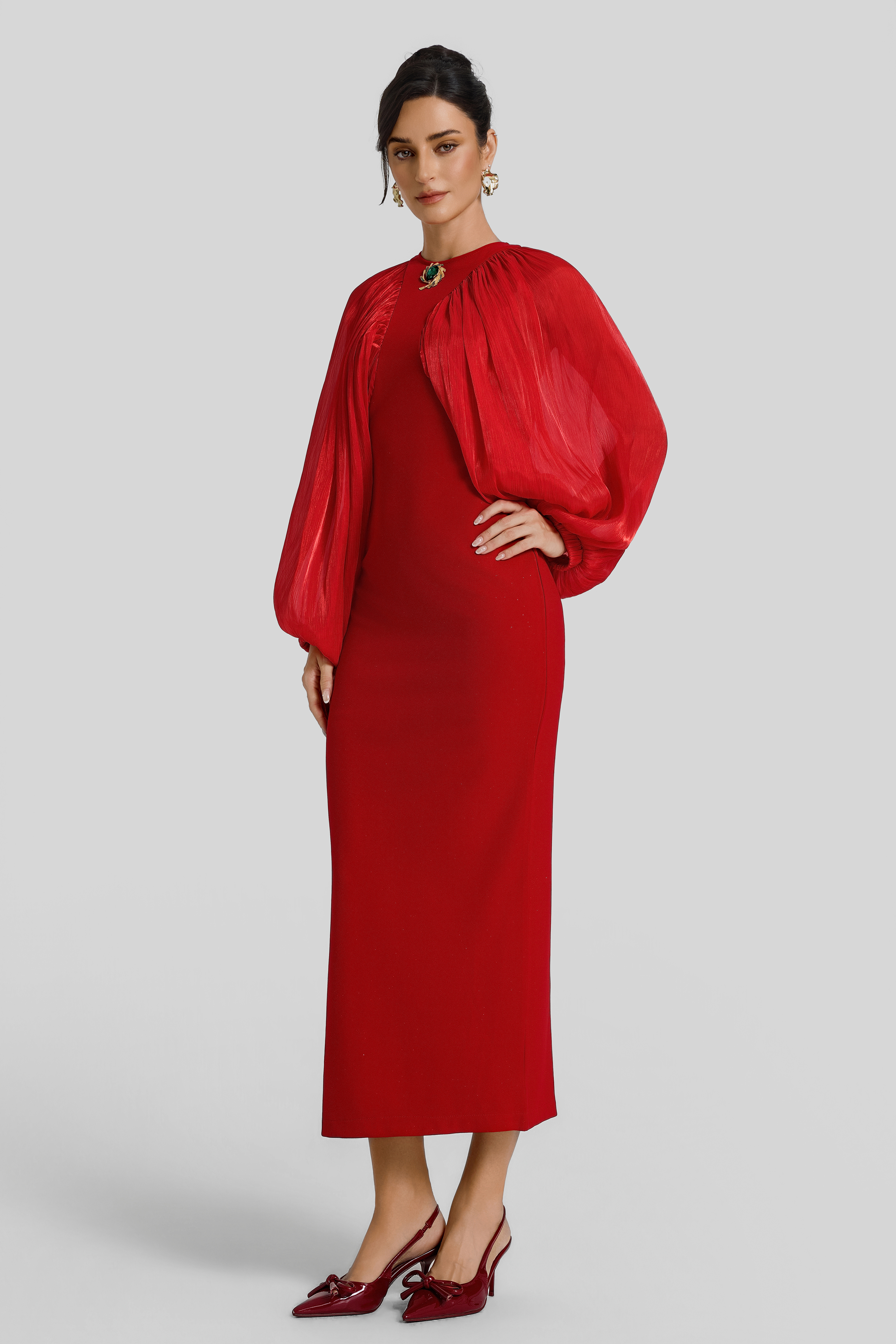 Chiffon Splicing Lantern Sleeves Midi Dress