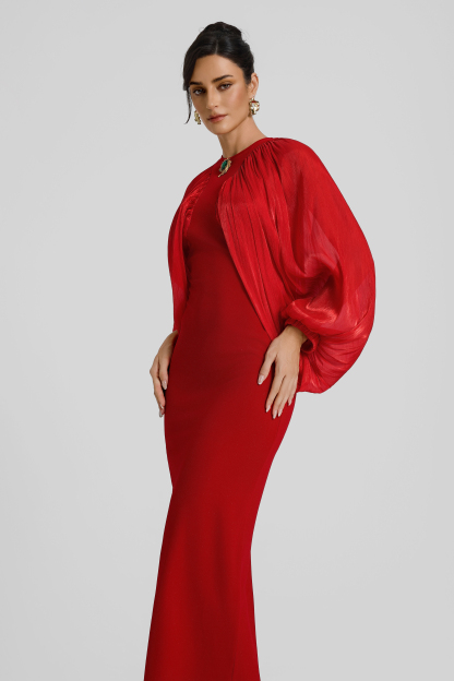 Chiffon Splicing Lantern Sleeves Midi Dress