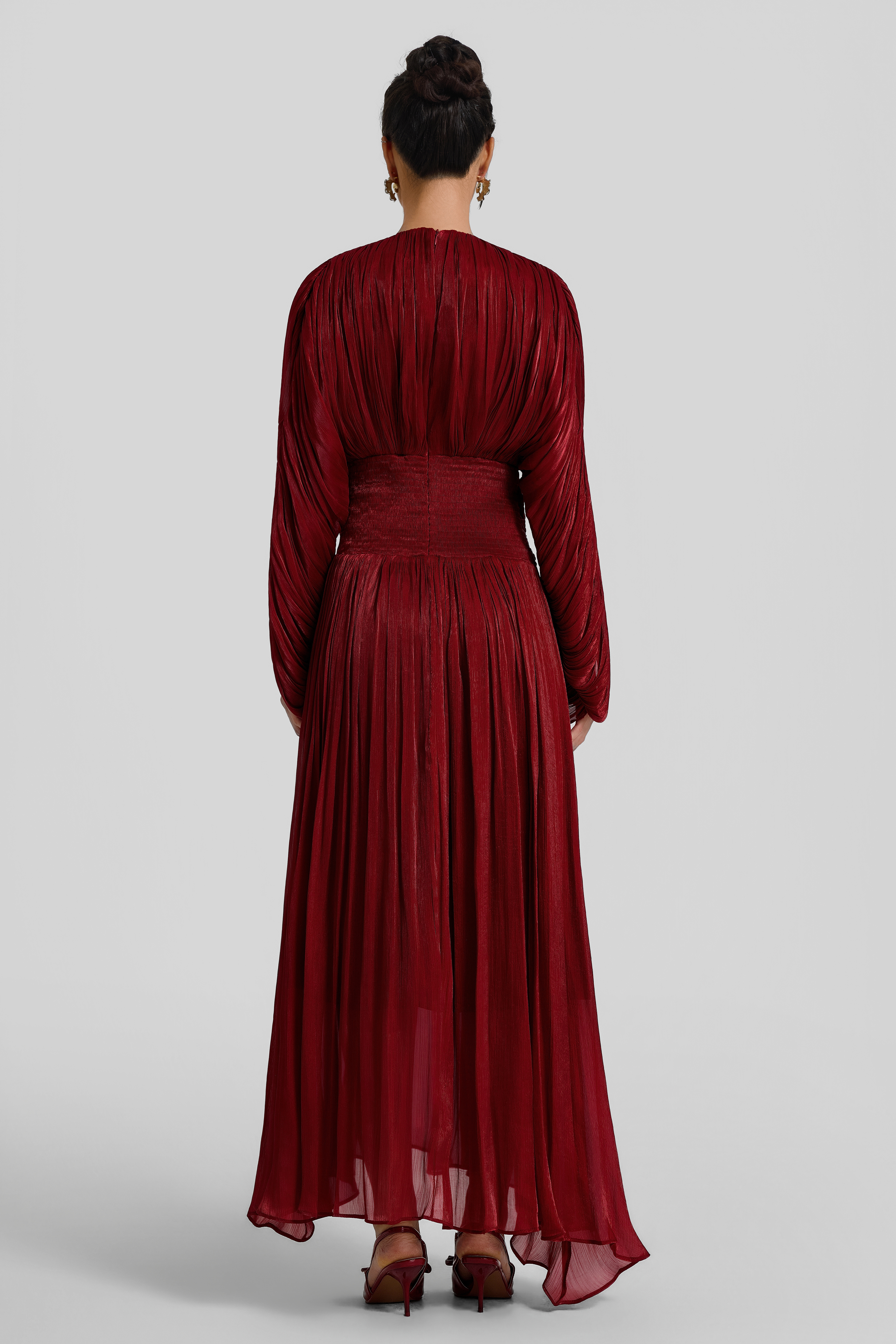 Pleated Batwing Sleeve Round Neck Midi Dress