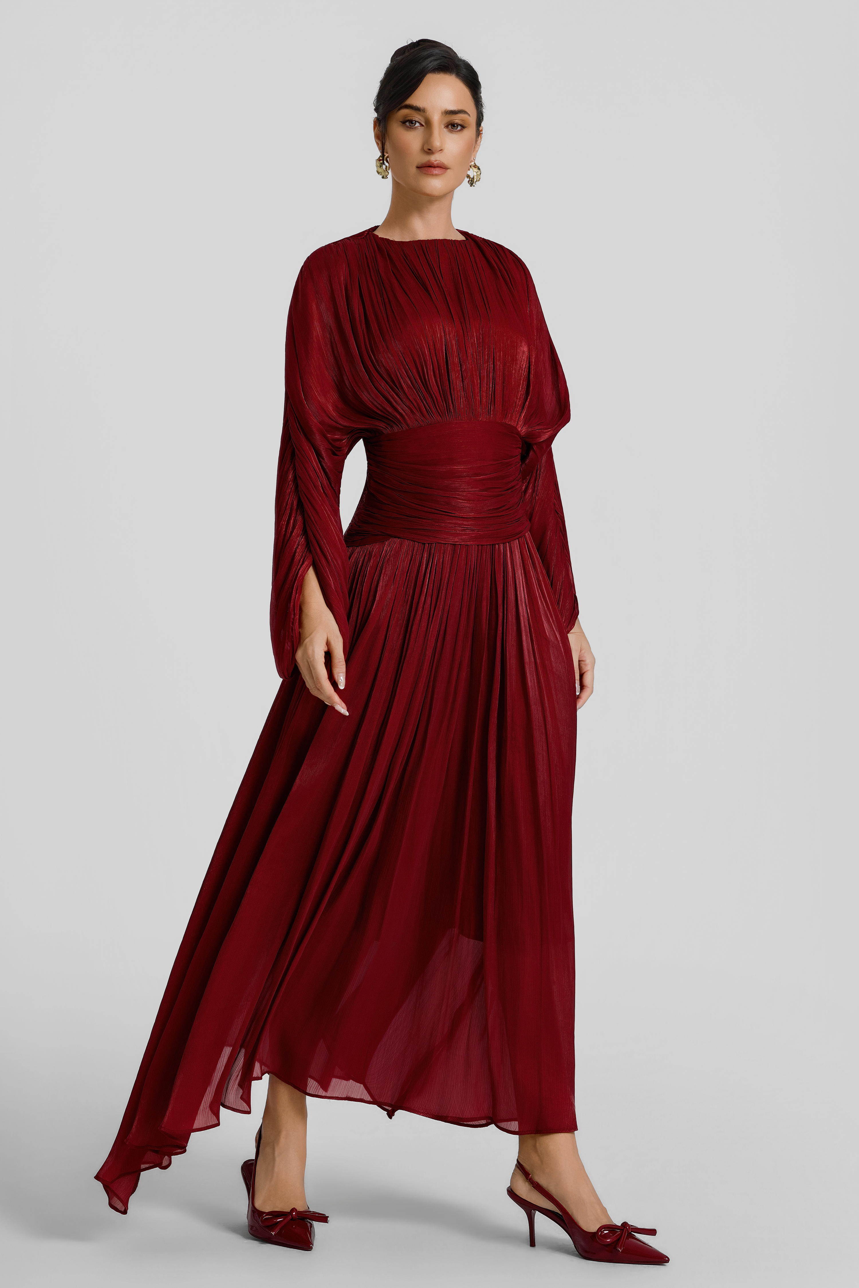 Pleated Batwing Sleeve Round Neck Midi Dress
