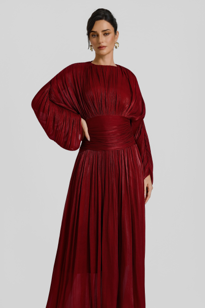 Pleated Batwing Sleeve Round Neck Midi Dress