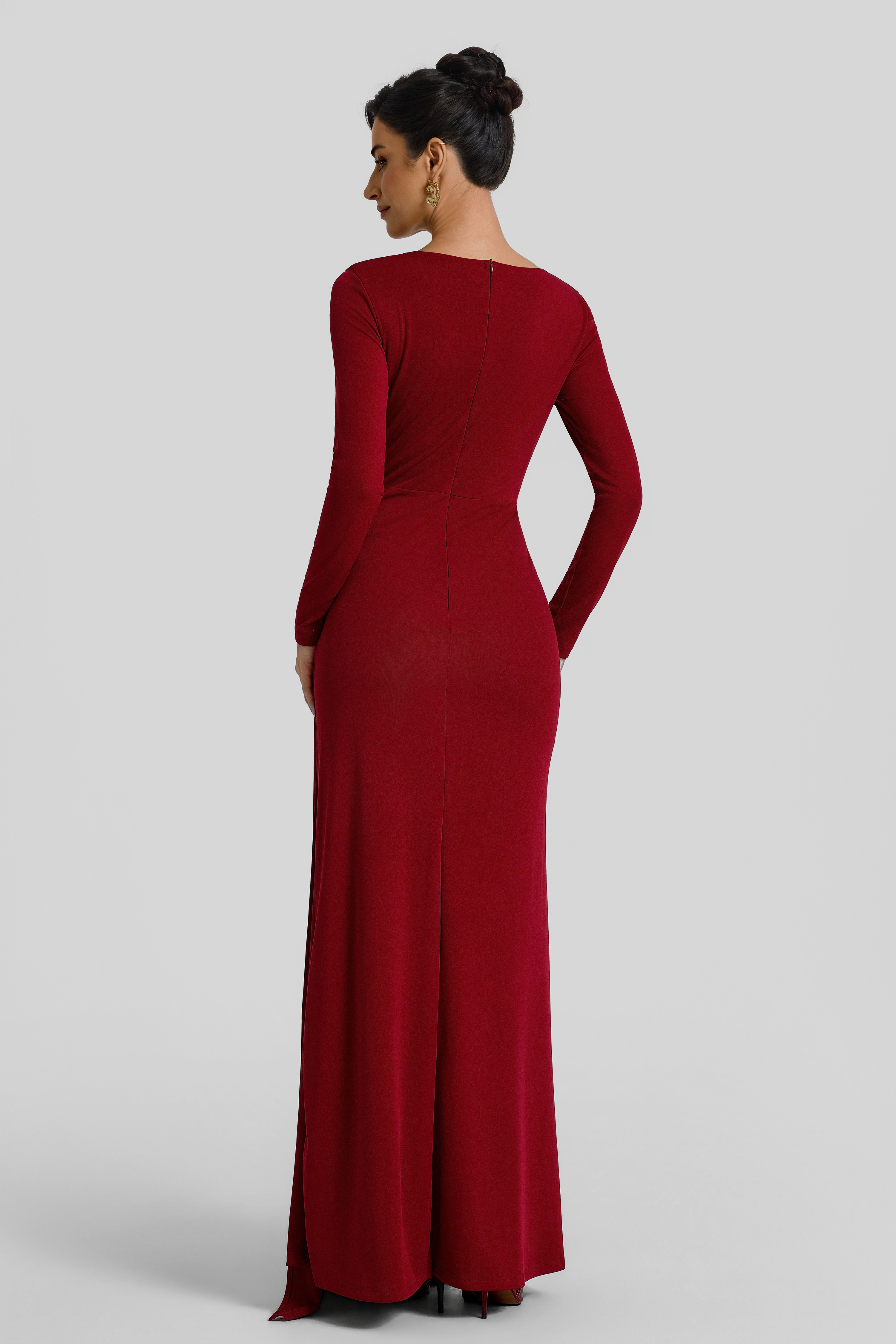 Solid Ruched Long Sleeve Maxi Dress