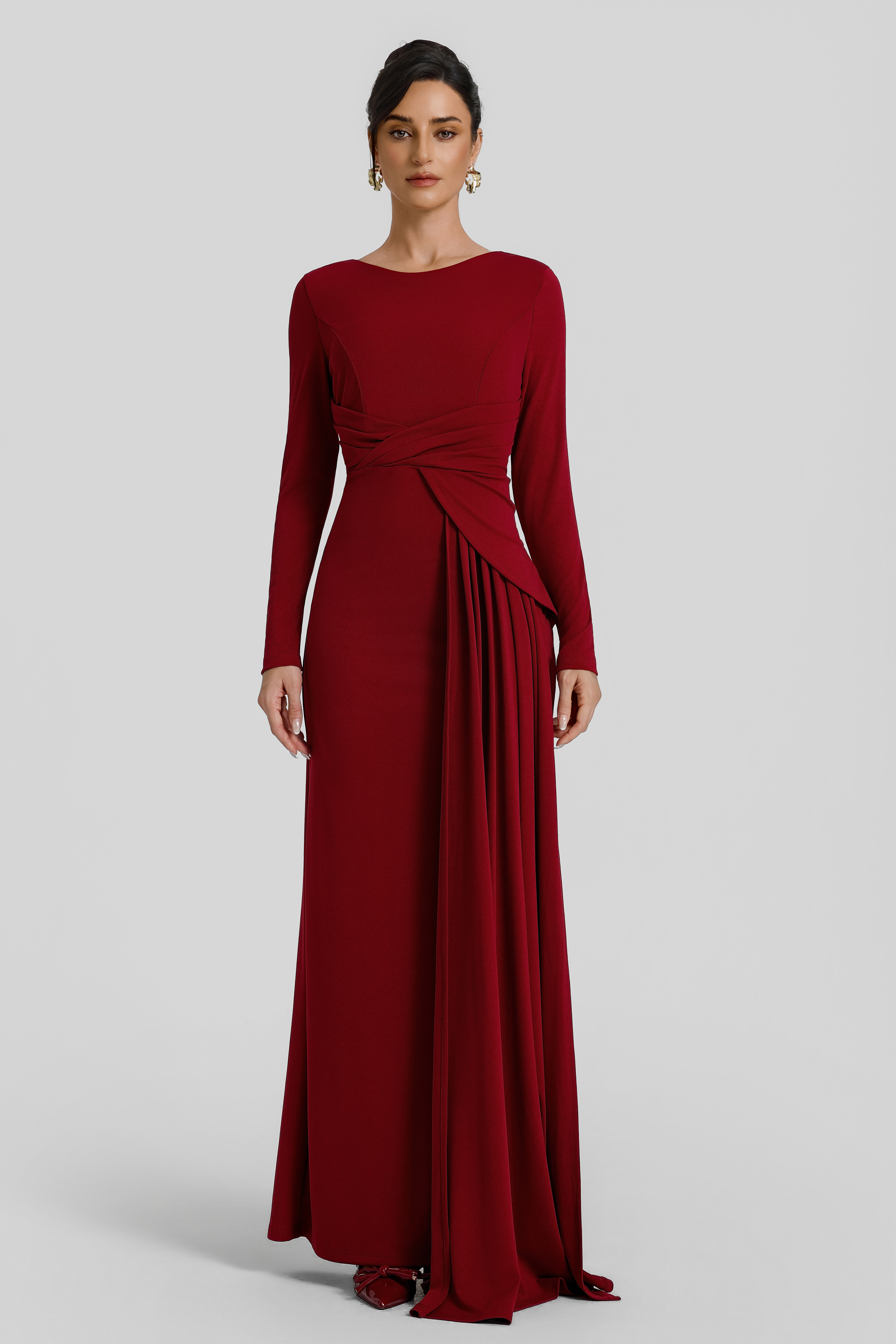 Solid Ruched Long Sleeve Maxi Dress