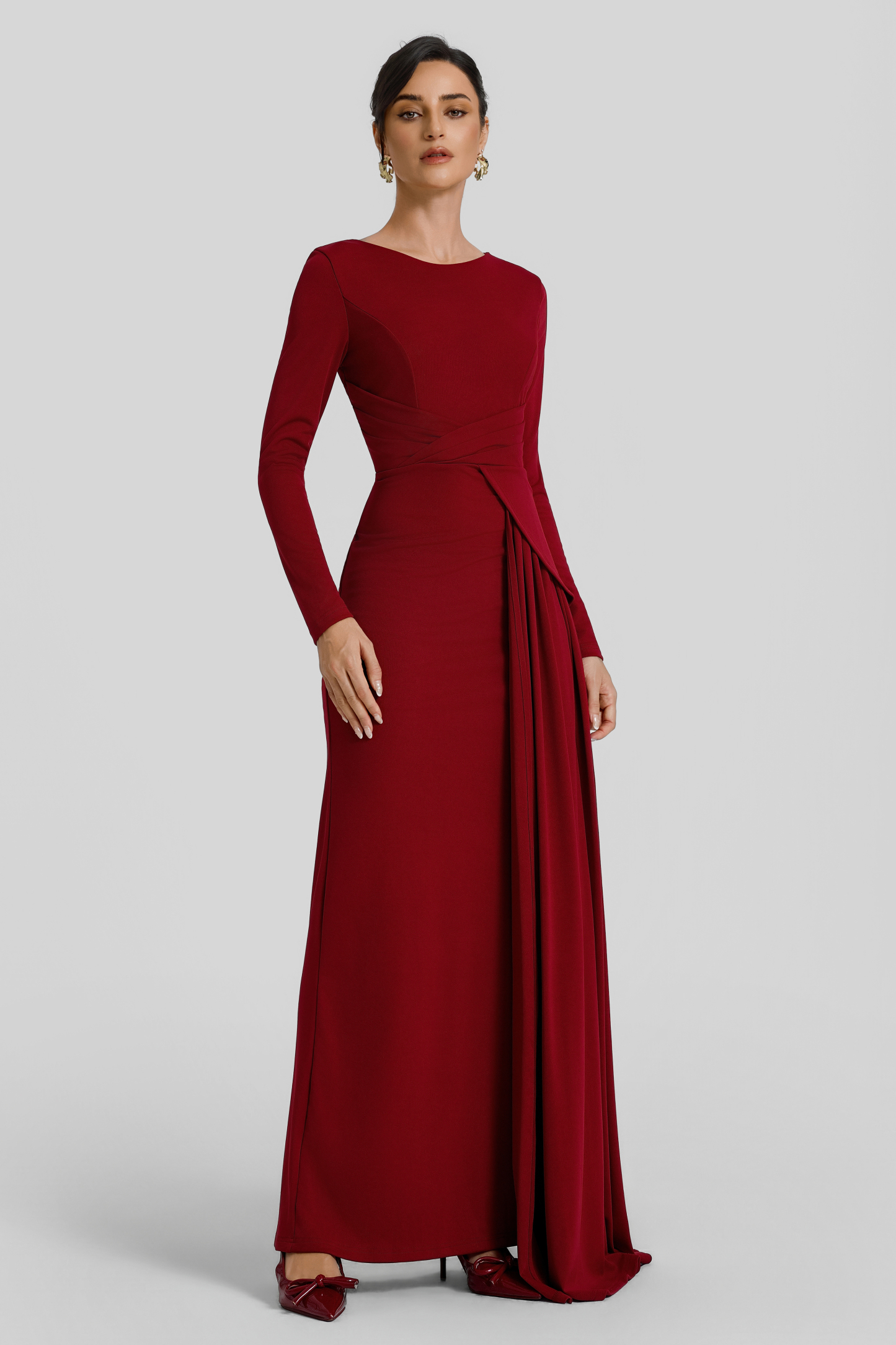 Solid Ruched Long Sleeve Maxi Dress